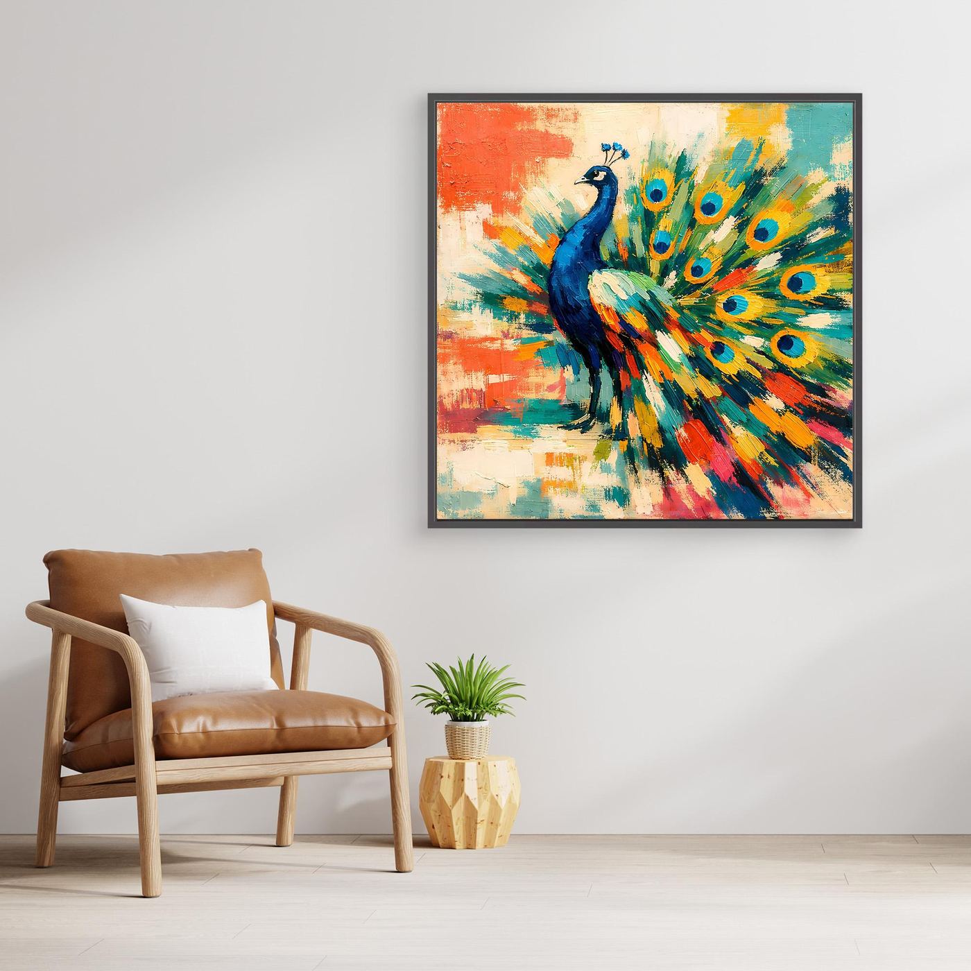 Peacock abstract canvas wall art with colorful feather fan, square framed artwork