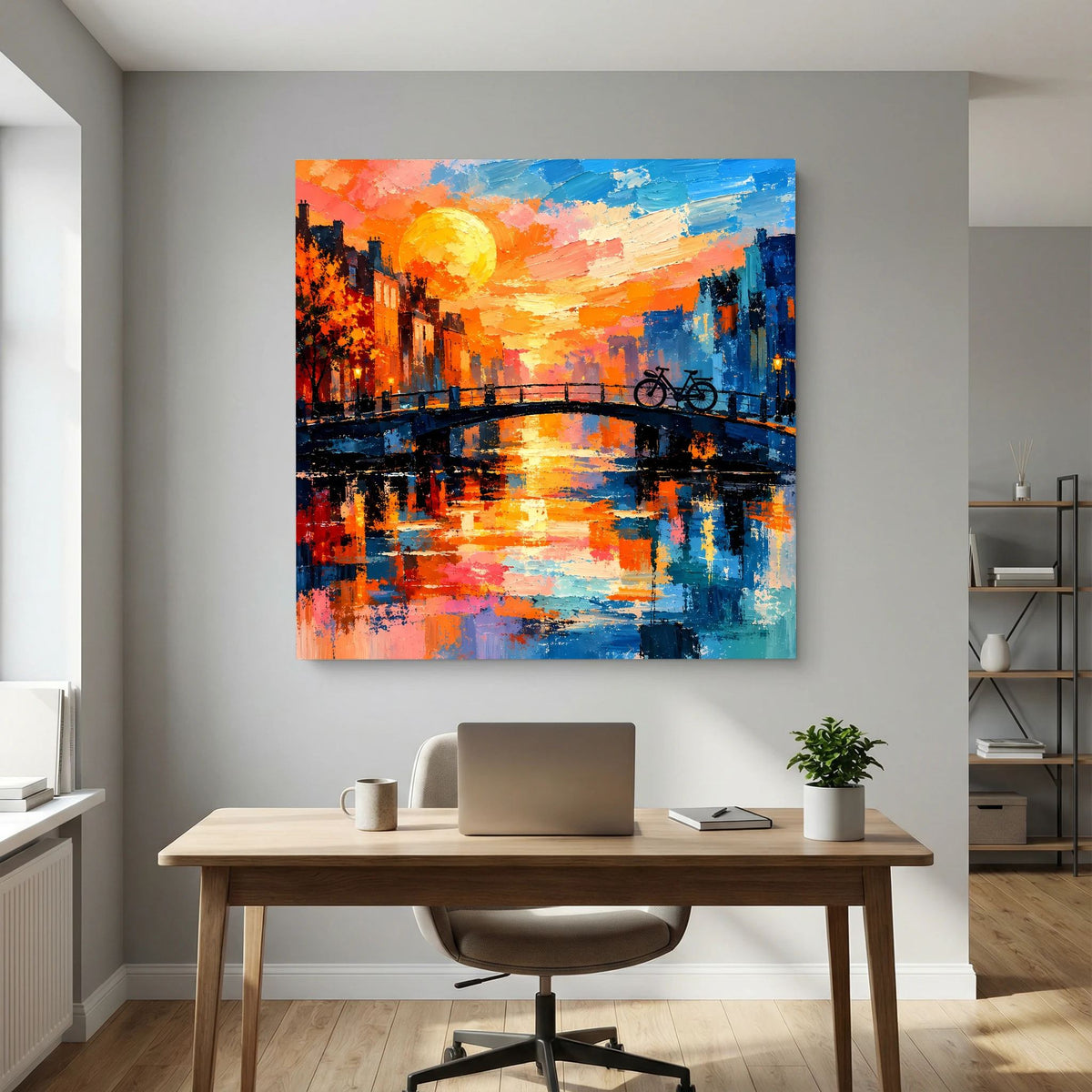 Leinwand Abstraktes Amsterdam Gemälde | Modernes Romantisches Grachten Wandbild mit Fahrrad