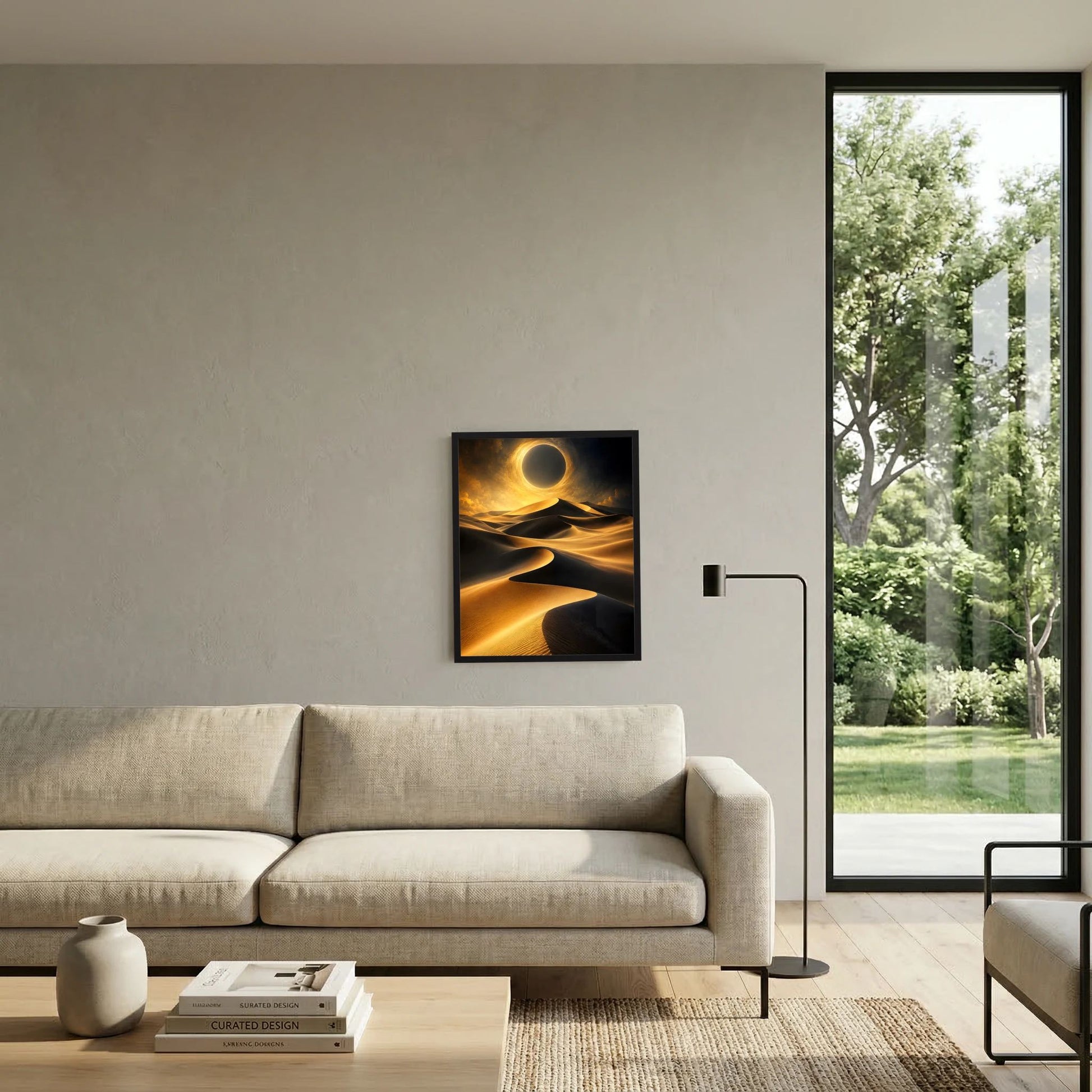 Gerahmtes Kunstposter: goldene Sonnenfinsternis über dunklen Wüstendünen