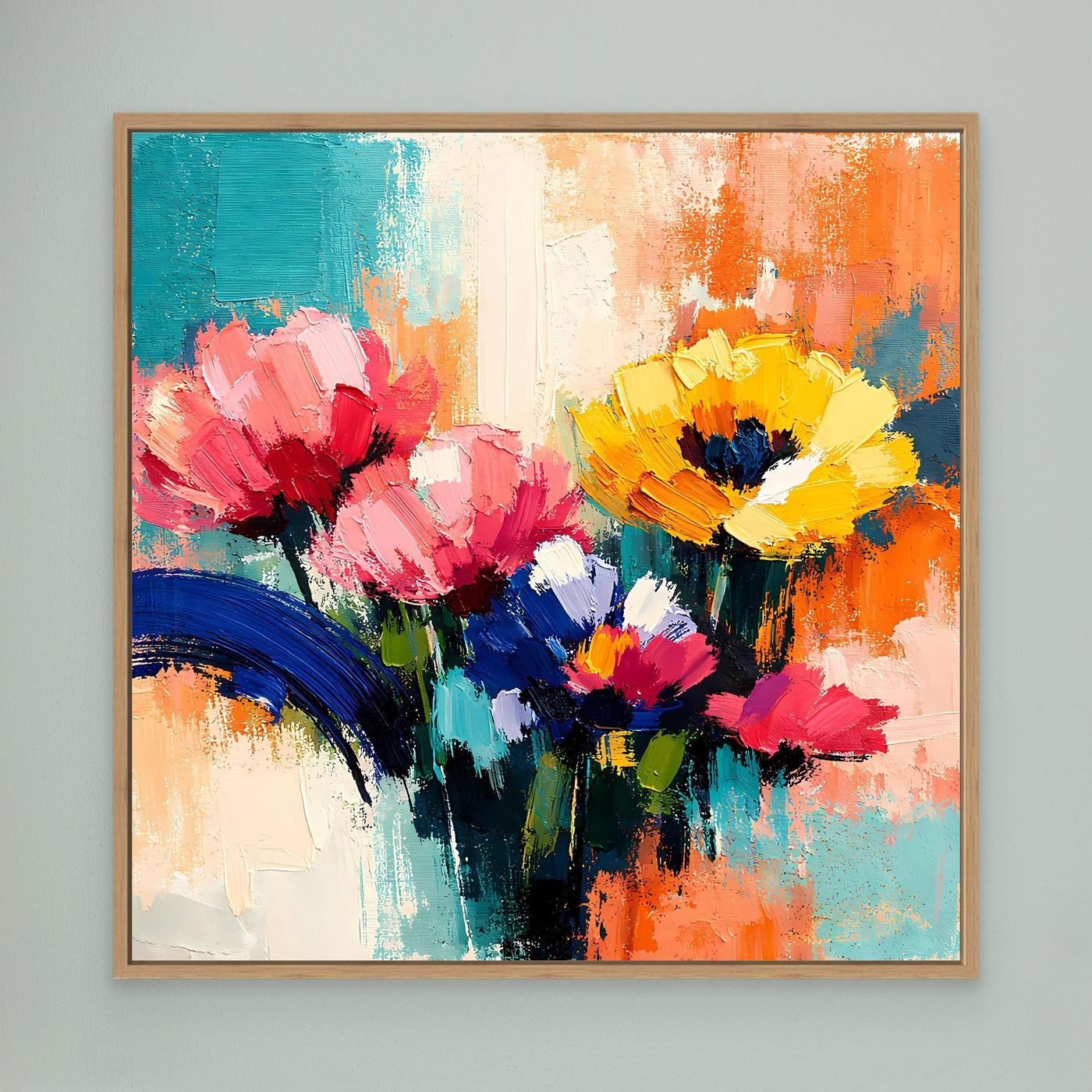 Abstraktes Leinwand-Wandbild mit bunten Sommerblumen in Ölfarbenoptik, Eichenrahmen