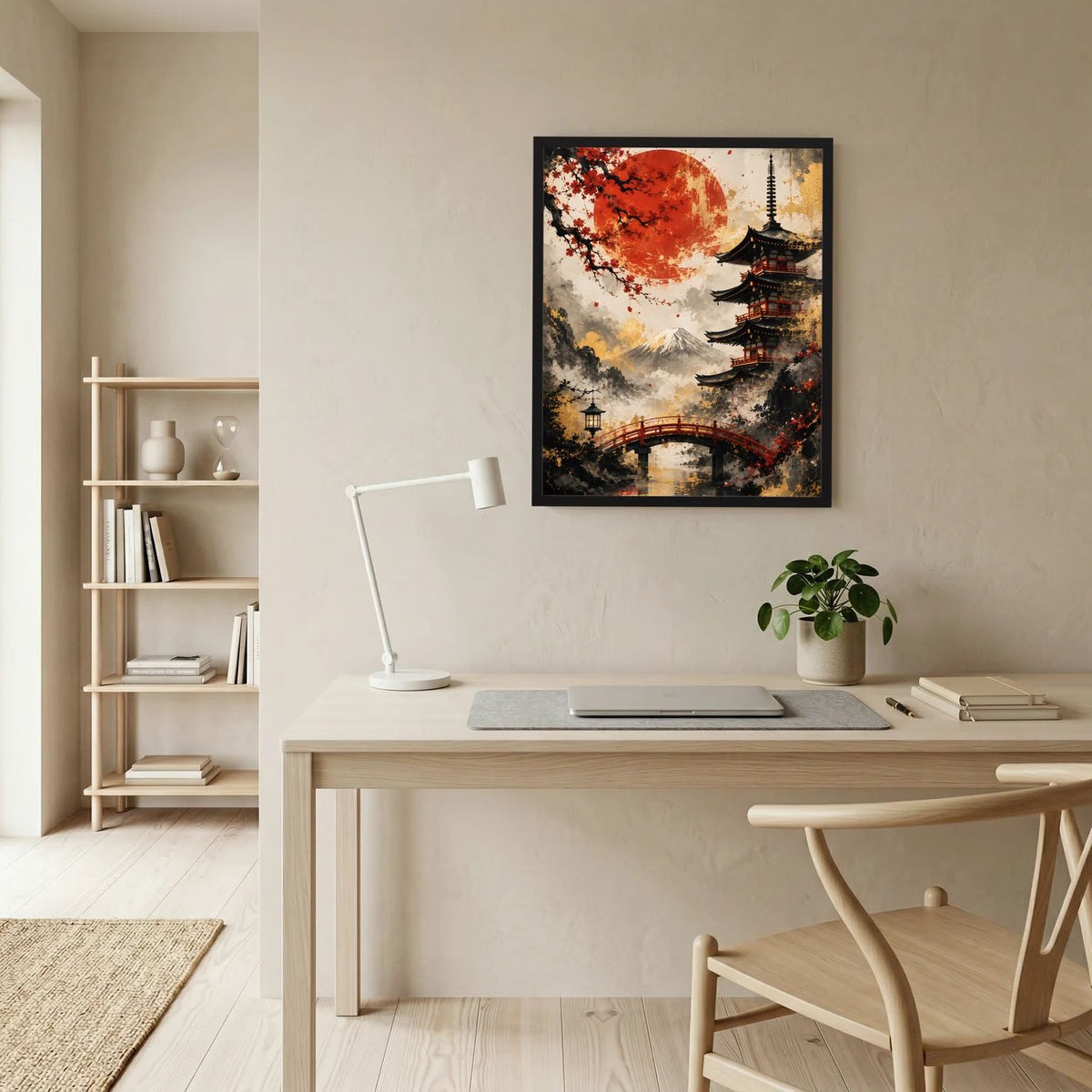 Wandbild im schwarzen Rahmen mit Pagode, roter Sonne und Kirschblütenblättern