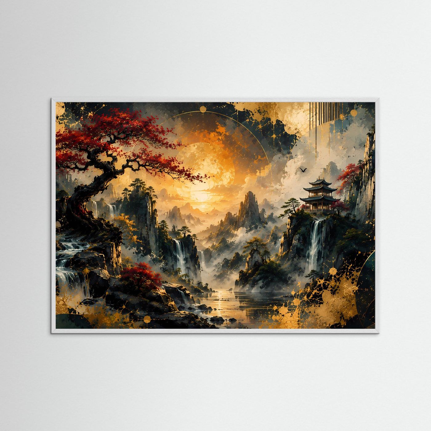 Poster mit weißem Rahmen: japanische Berglandschaft, Pagode, Wasserfälle, roter Ahorn