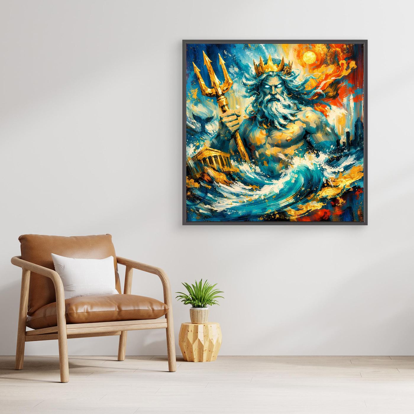 Gerahmtes Leinwandbild mit Poseidon im abstrakten Meeresbild, blau-grünes Wasser