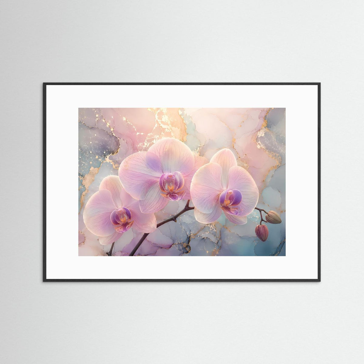 Phalaenopsis-Wandbild mit pastellfarbenen Orchideenblüten, weiß hinterlegt, schwarz gerahmt