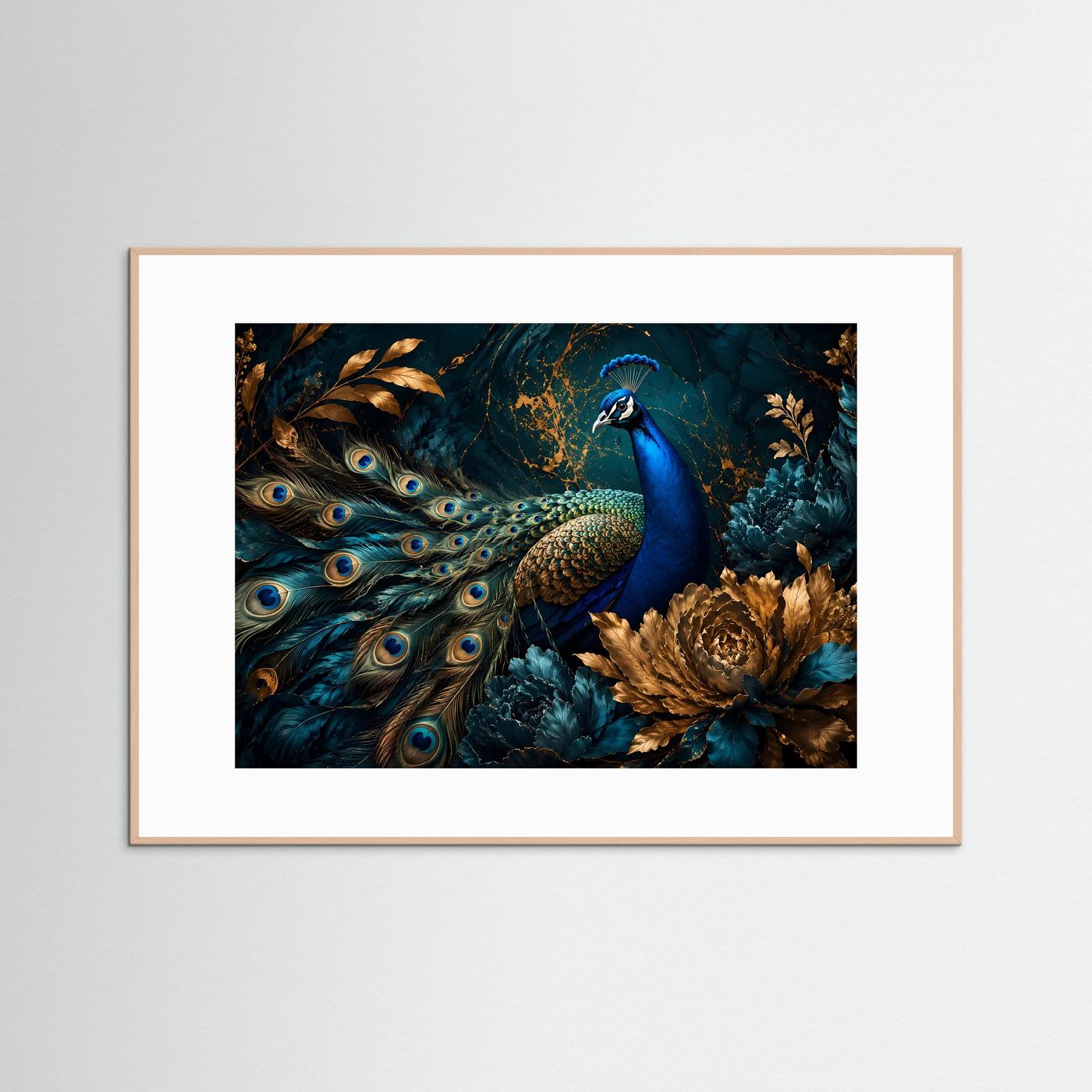 Majestätischer Pfau mit goldenen Akzenten | Edle Tierkunst & Petrol Poster