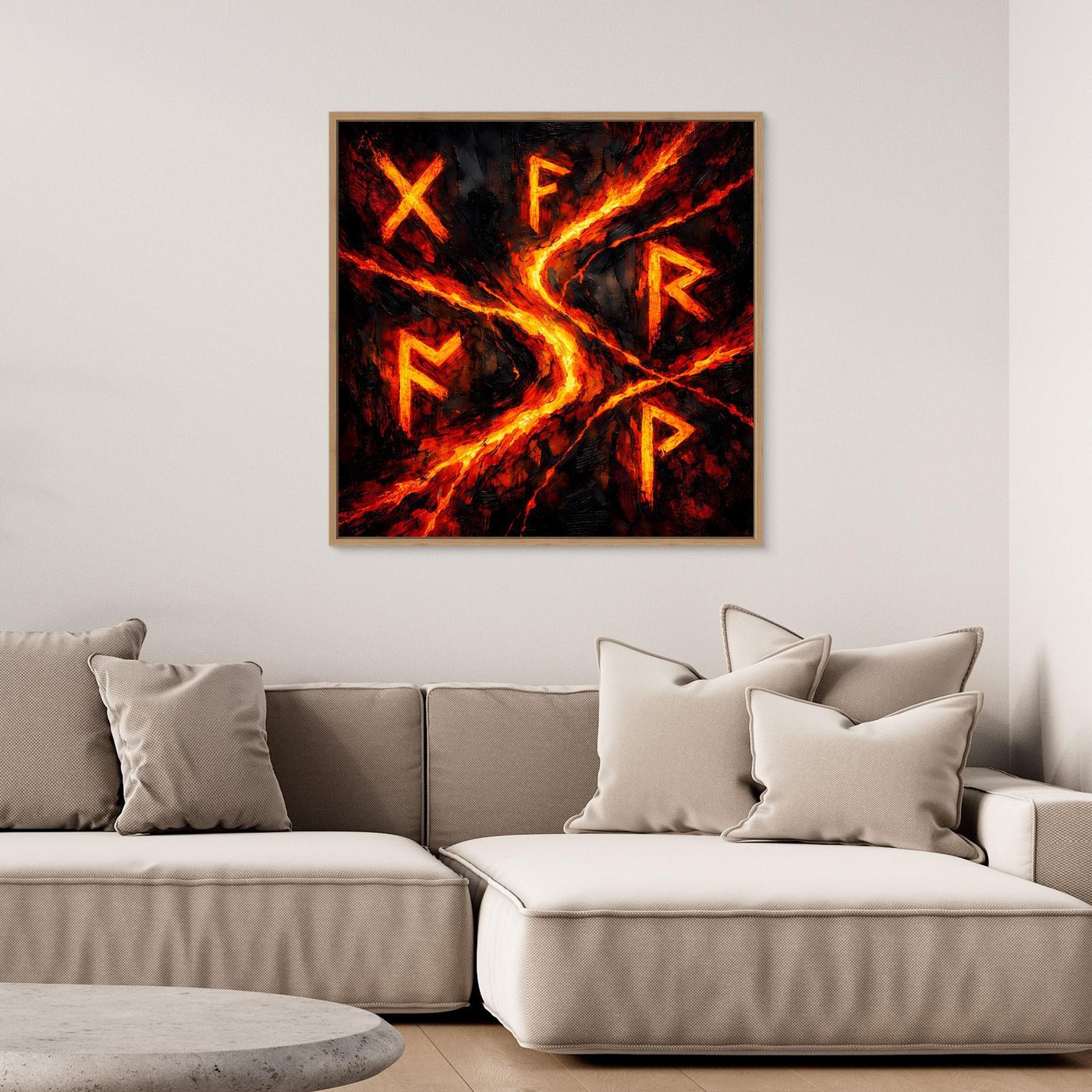 Leinwand-Wandbild mit Runen, Eichenholzrahmen, Lavaflammen in Rot/Orange