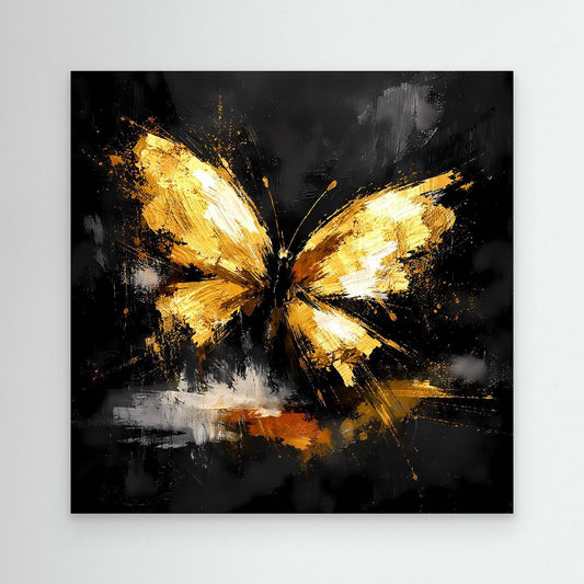 Abstraktes Leinwand-Wandbild mit goldenem Schmetterling auf schwarzem Hintergrund
