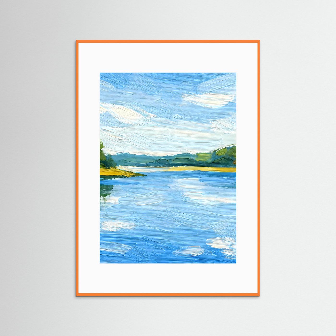 Wandposter mit Landschaftsgemälde in Blau, im orangefarbenen Rahmen mit weißem Rand