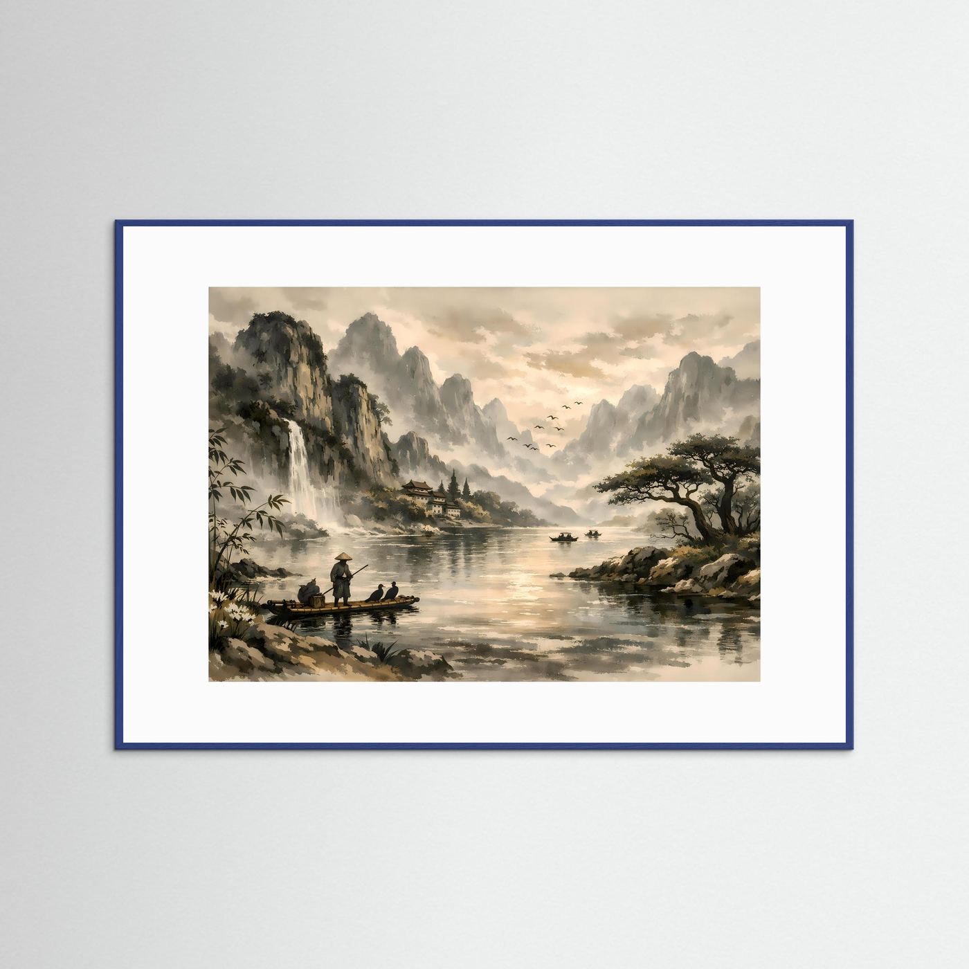 Traditionelle Asiatische Flusslandschaft | Sepia & Natur Kunst Poster Querformat