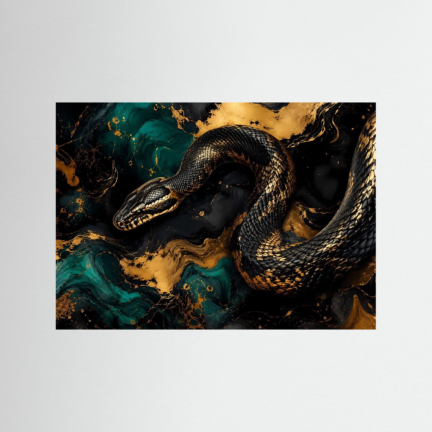 Majestätische Schlange in Gold & Schwarz | Modernes Wandbild mit Fluid Art & Tier-Motiv