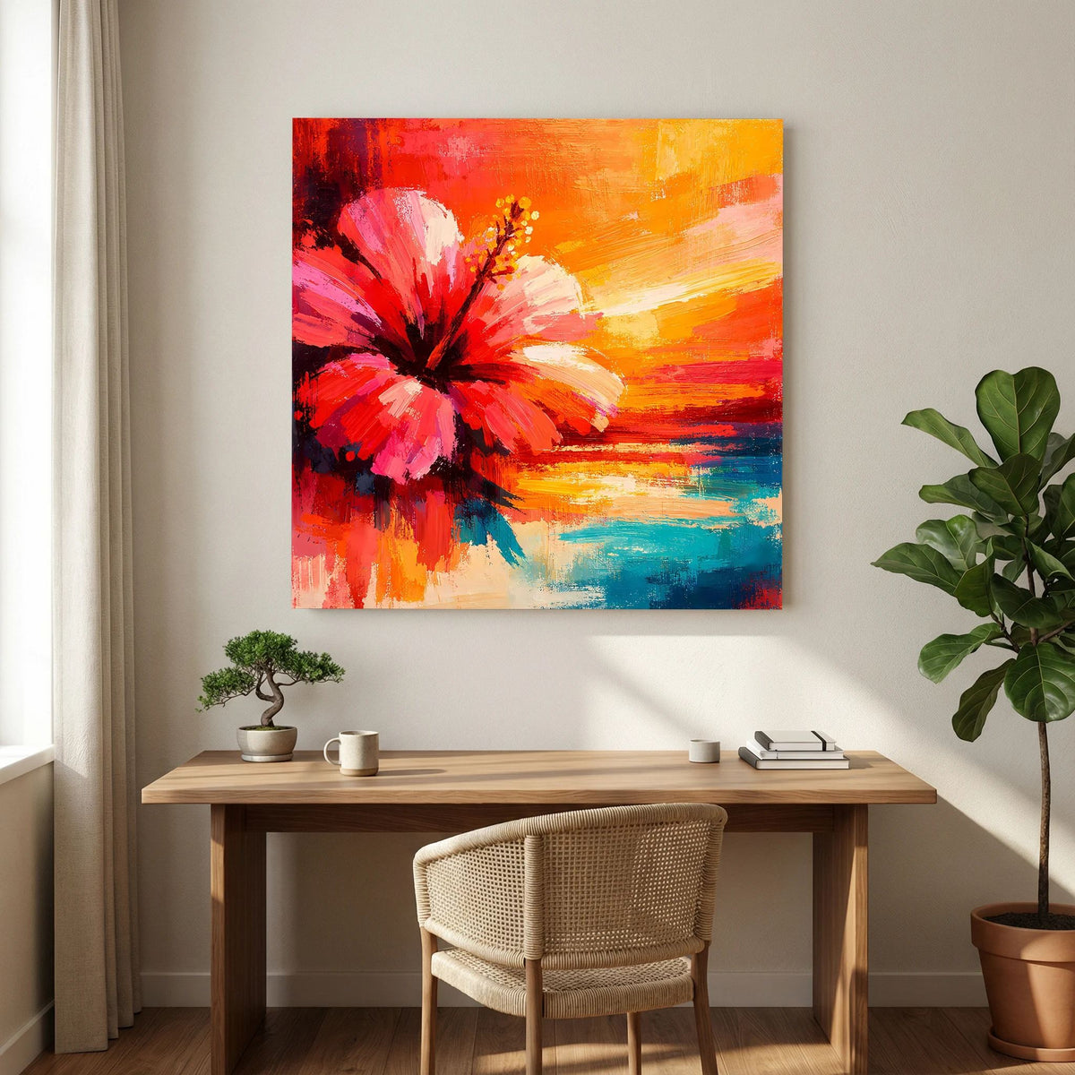 Abstraktes Hibiskusblütenbild auf Leinwand mit großen Blütenformen in Rosa und Rot