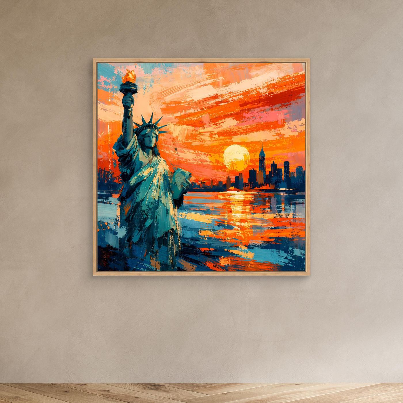 Leinwand-Wandbild mit Freiheitsstatue, blaugrün, orangefarbener Himmel, goldene Sonne, Eichenrahmen