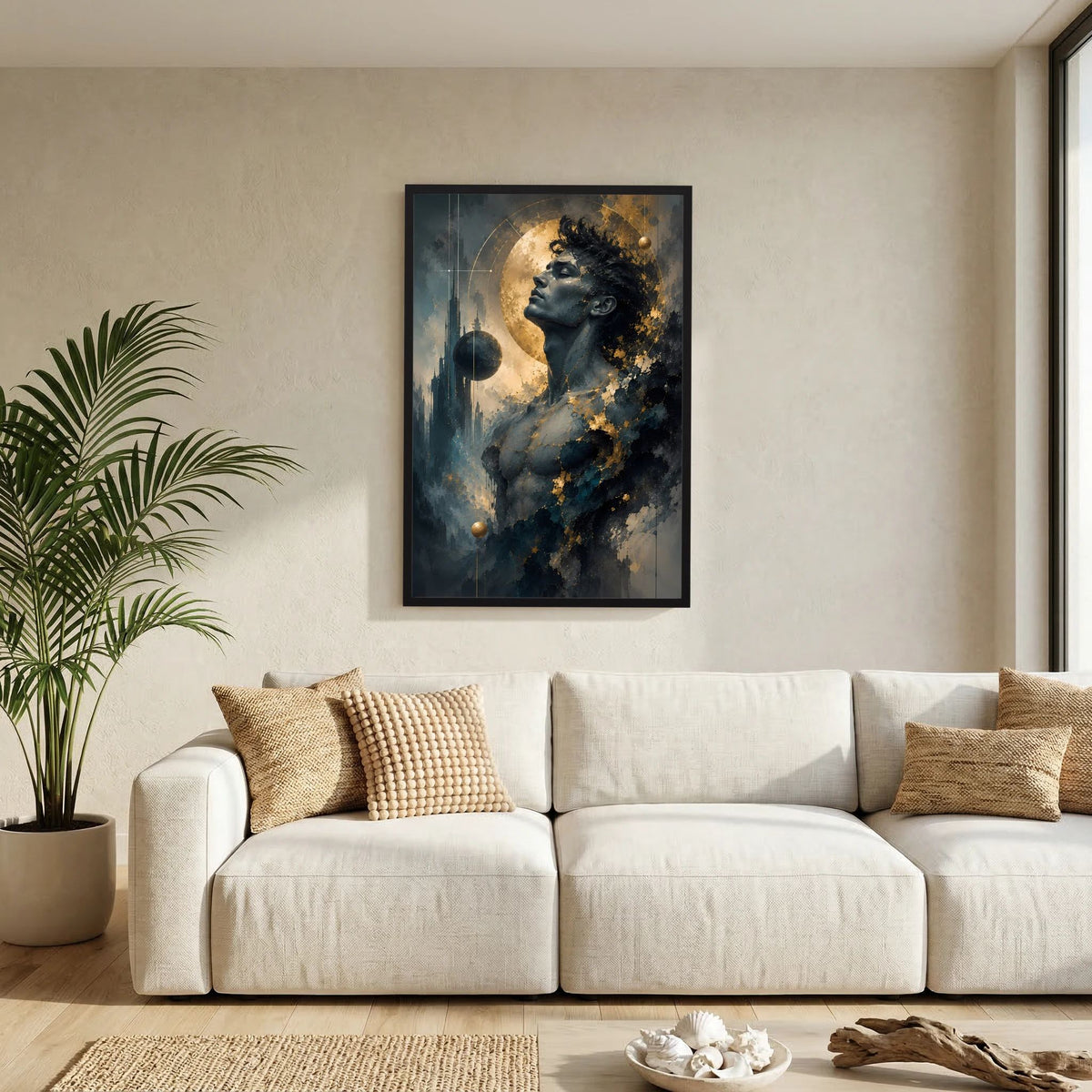 Kosmischer Mann in Gold und Anthrazit | Mystische abstrakte Weltraumkunst | Poster Hochformat