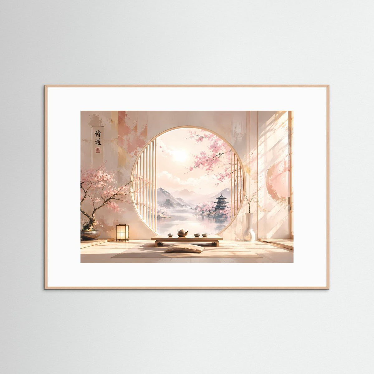 Gerahmter Kunstdruck: Kirschblüten-Zenlandschaft im Rundbogen, goldbraune Einfassung