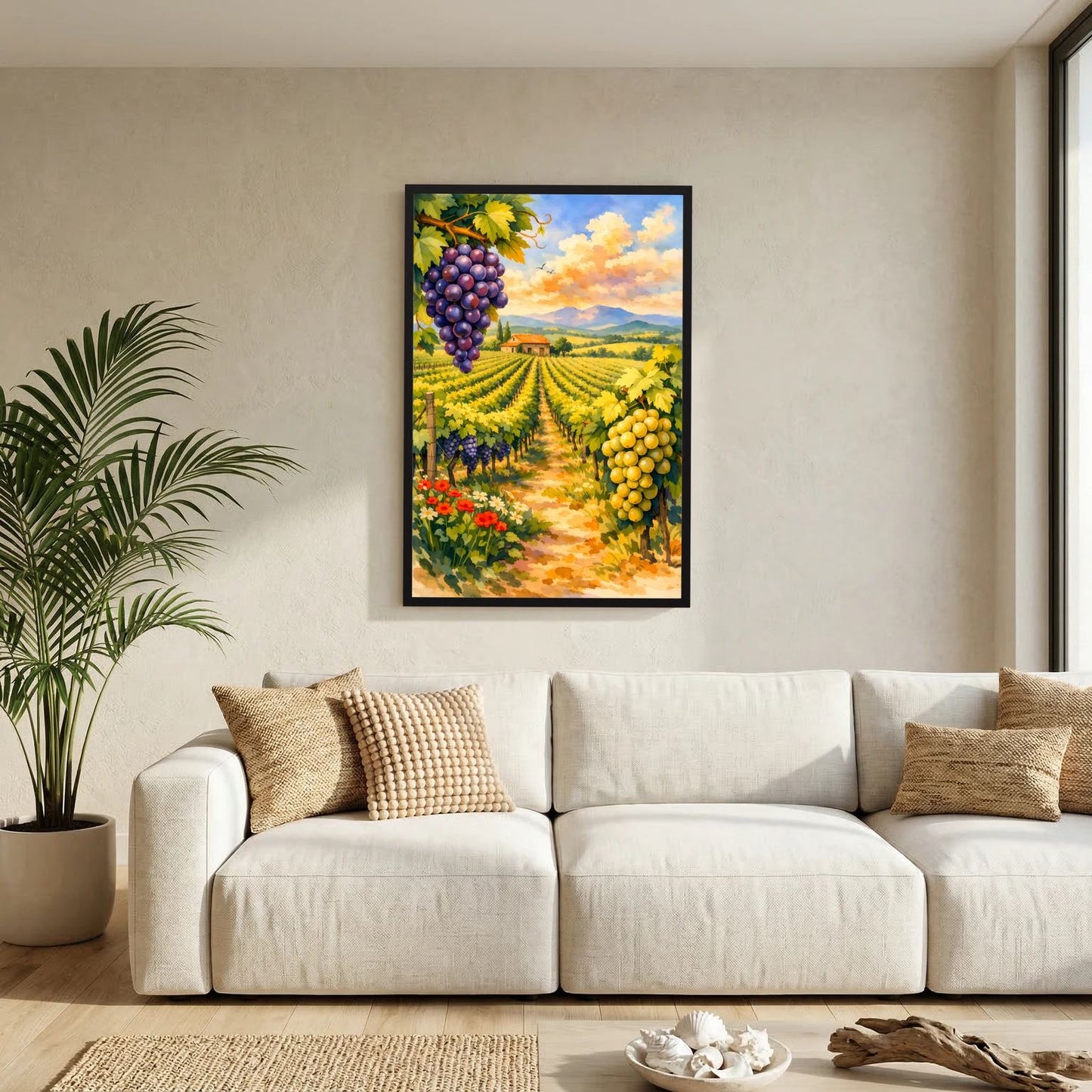 Hochformat-Wandbild Weinberge mit Trauben, schwarzer Rahmen