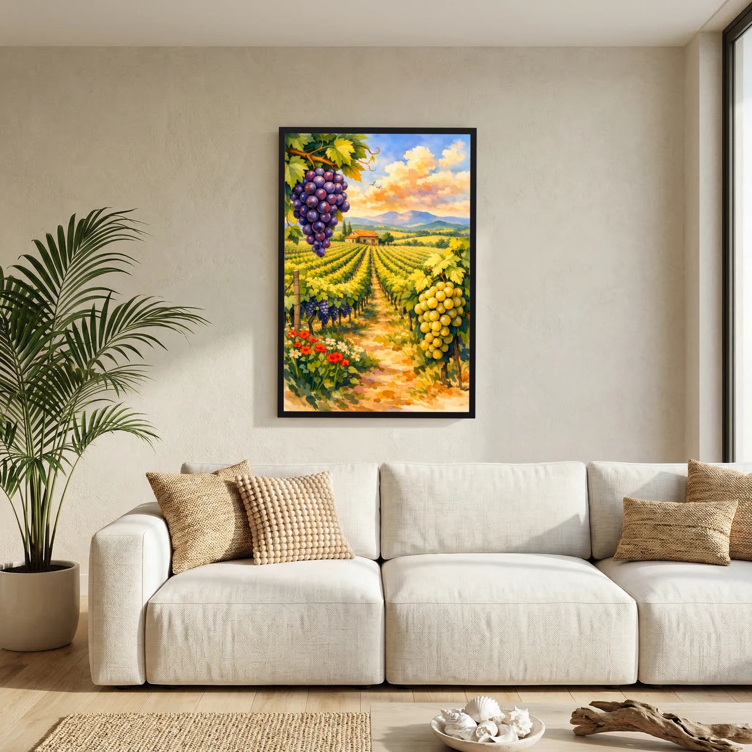 Hochformat-Wandbild Weinberge mit Trauben, schwarzer Rahmen