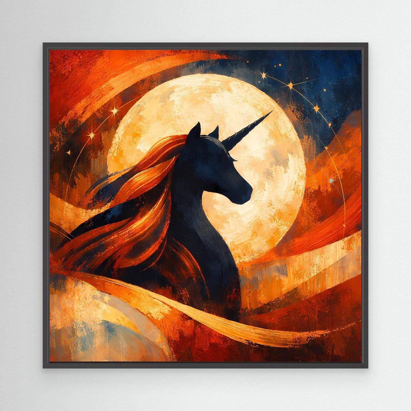 Leinwandbild mit Einhorn-Silhouette und Vollmond, schwarz gerahmt, warmes Fantasy-Design