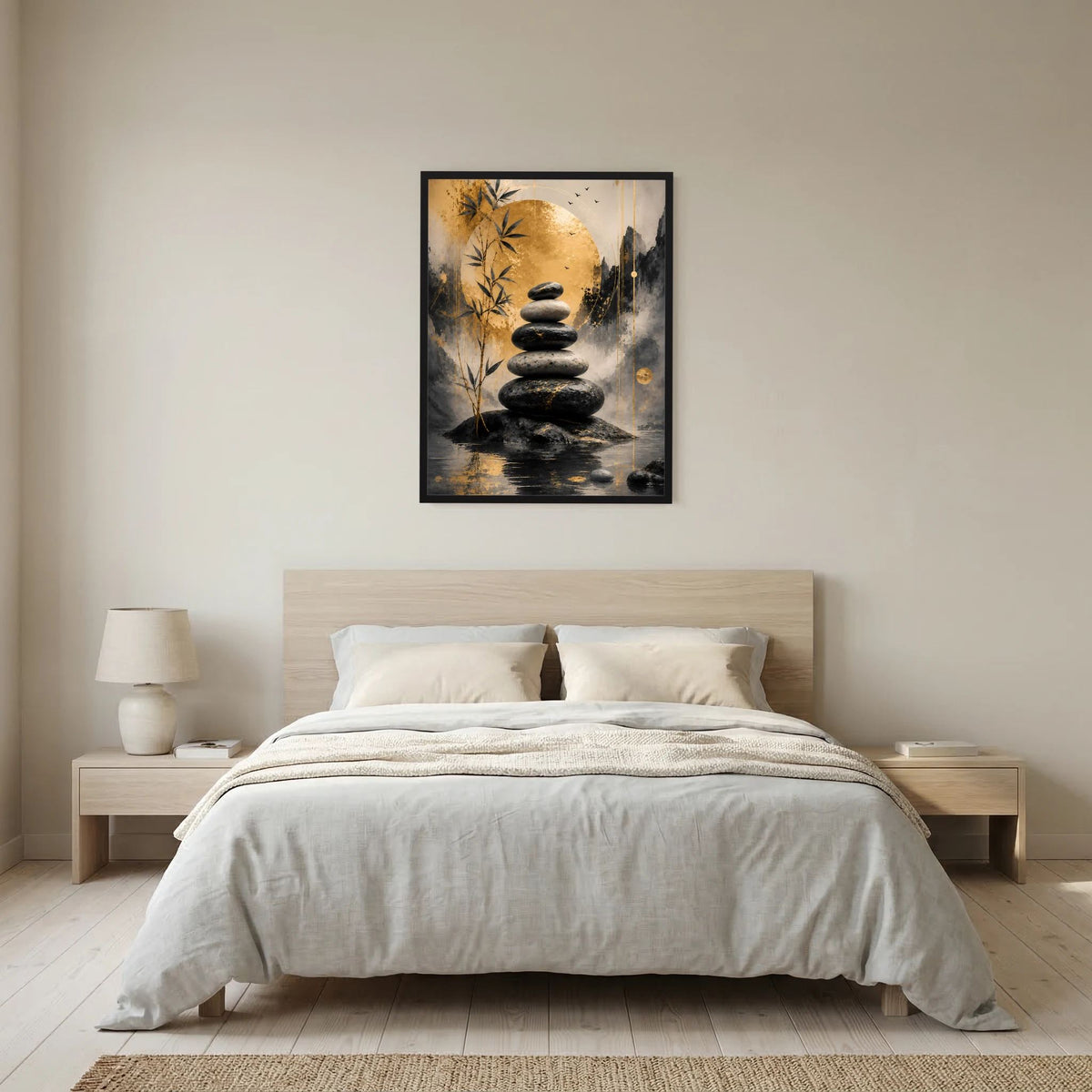 Abstraktes Zen-Poster mit schwarzem Rahmen: schwarze Steinbalance, goldene Akzente.