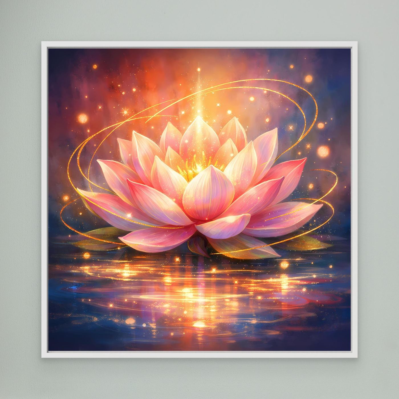 Gerahmtes Leinwandbild mit leuchtender Lotusblüte in Rosa und Gold, mit weißem Rahmen