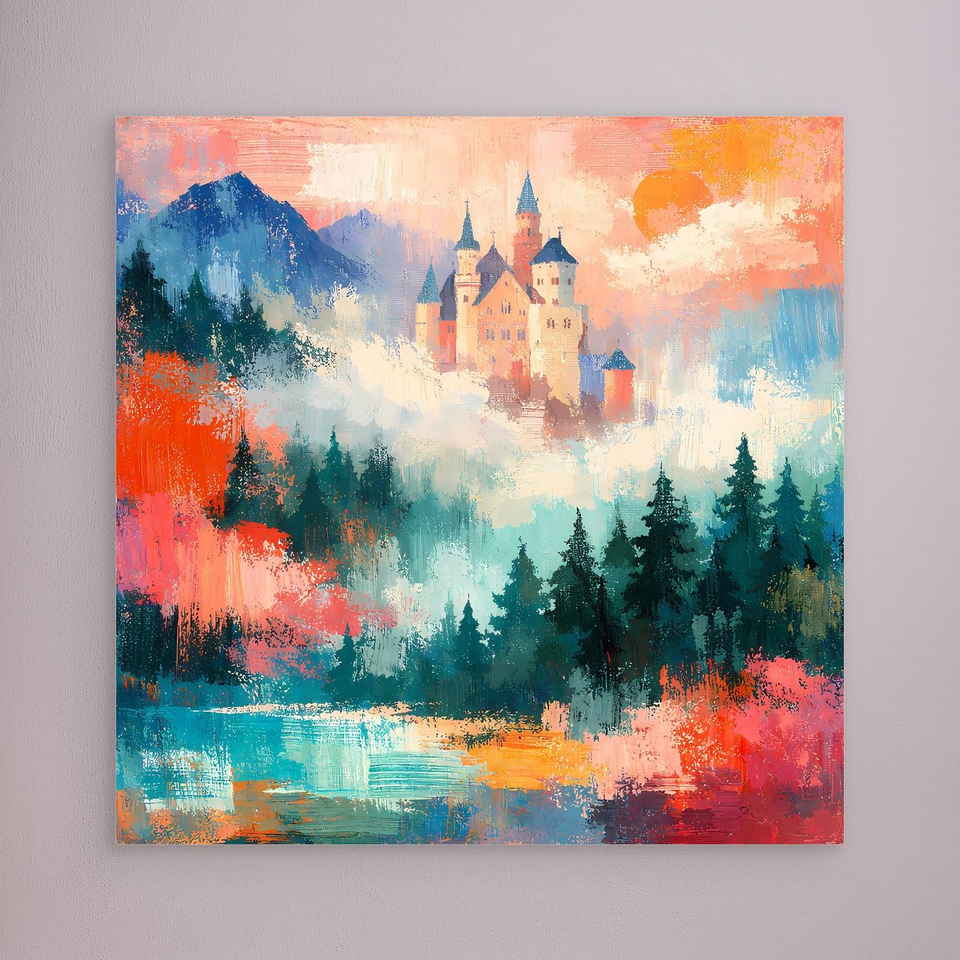 Abstraktes Leinwand-Wandbild mit Schlossmotiv und Bergsee, ohne sichtbaren Rahmen