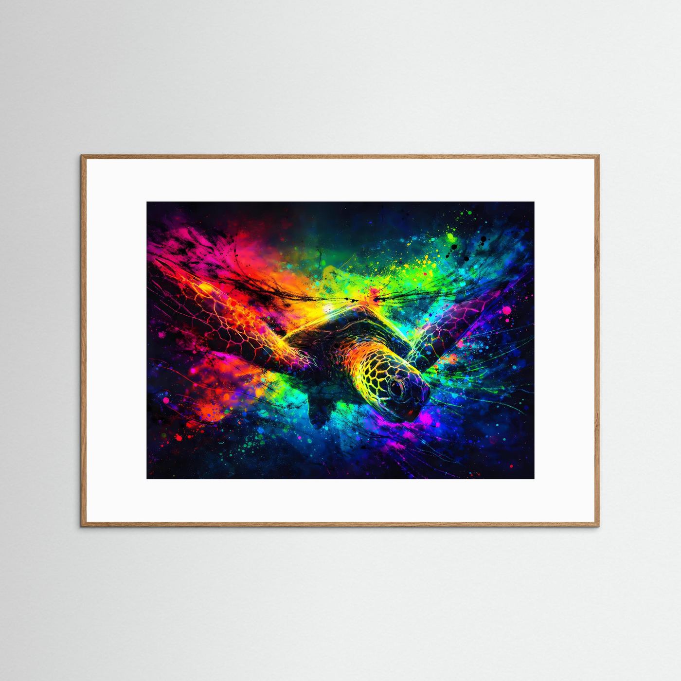Neon-Schildkröten-Poster im Querformat, braun gerahmt mit farbigem Abstraktmotiv