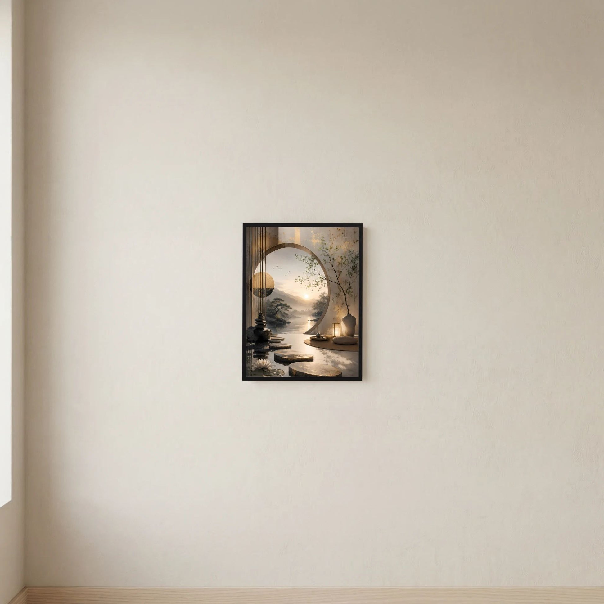 Hochformatiges Poster im schwarzen Rahmen an der Wand mit Sonnenaufgang-Motiv im Zen-Garten.