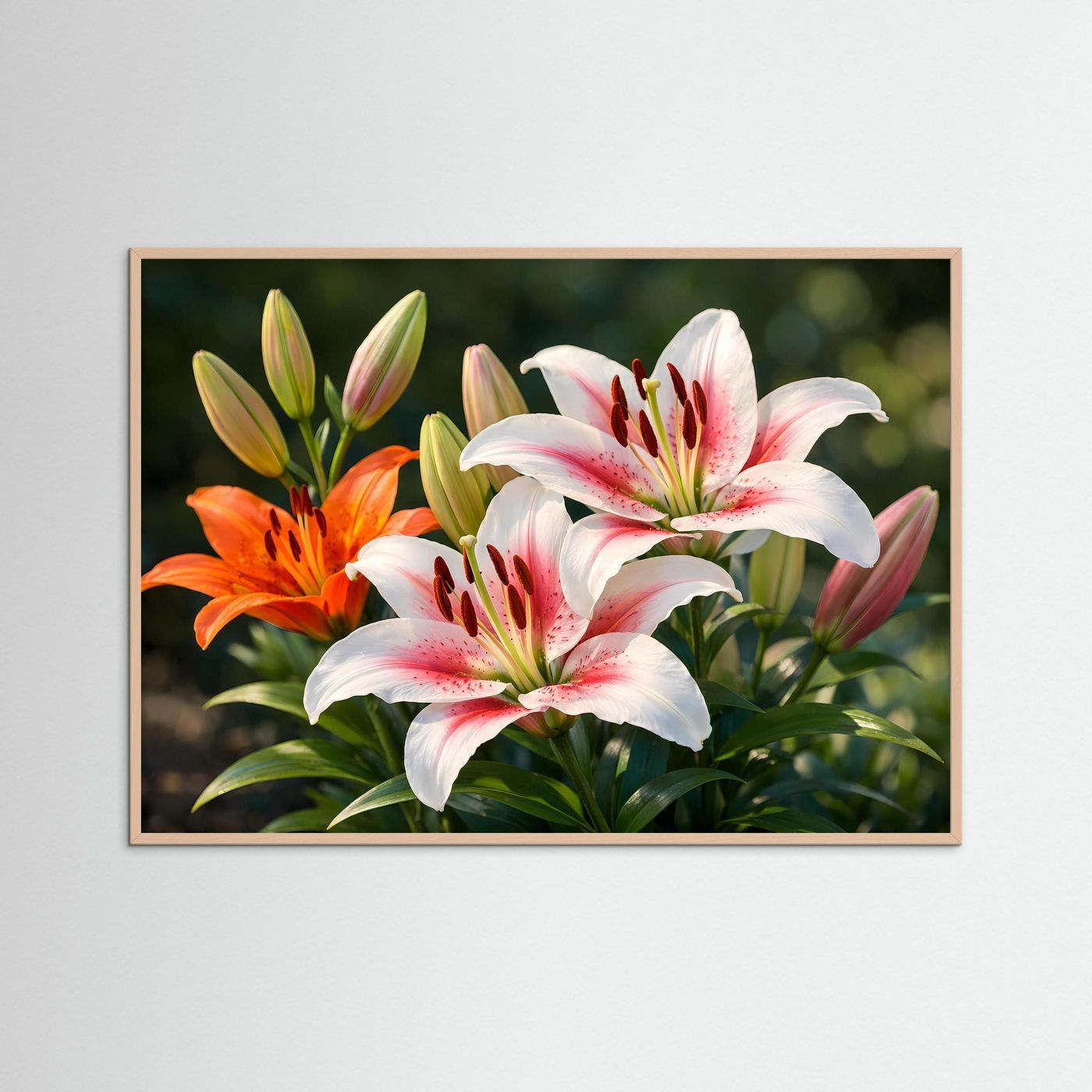Blumenposter im Querformat mit Lilien in Weiß, Orange und Rosa, dunkler Rahmen