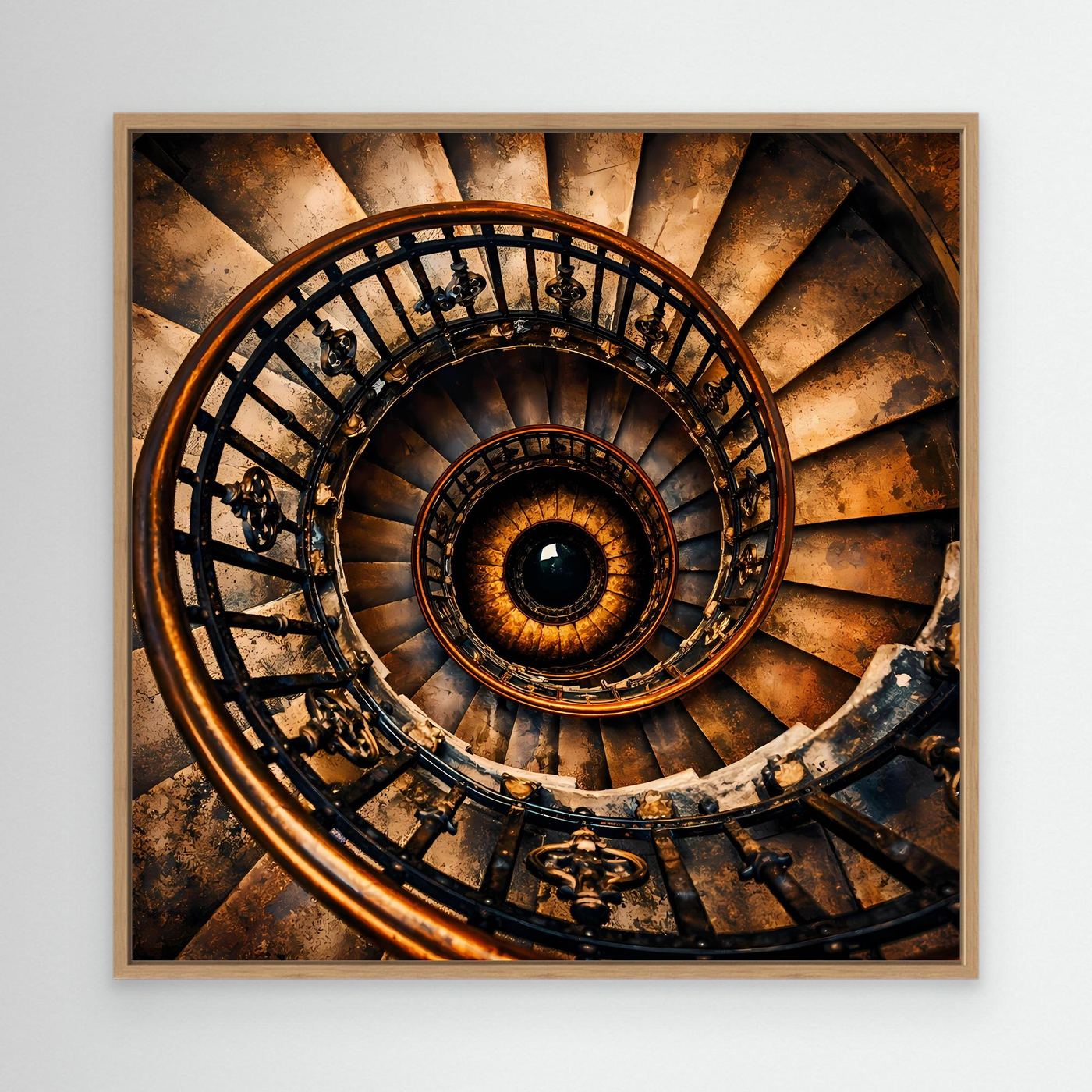Leinwandbild historisches Wendeltreppenmotiv mit hellem Holzrahmen, gold-braun und schwarz