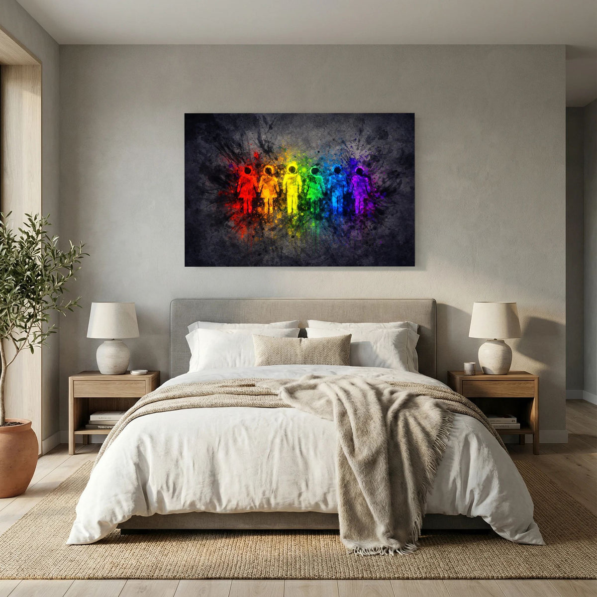 Gerahmtes Querformat-Wandbild: Regenbogenfarbene Menschen-Silhouetten im Sprühstil