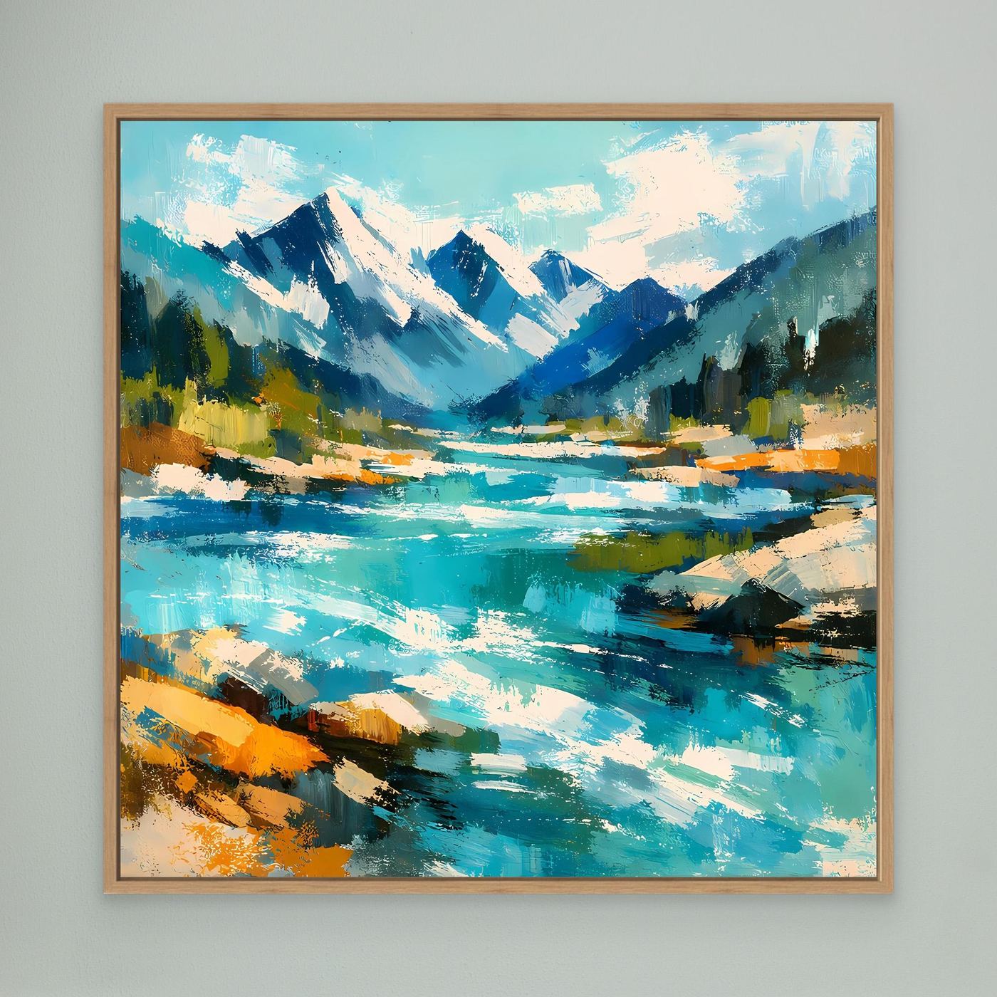 Abstraktes Leinwand-Wandbild mit Berglandschaft und Fluss in türkis, blau, orange, Holzrahmen