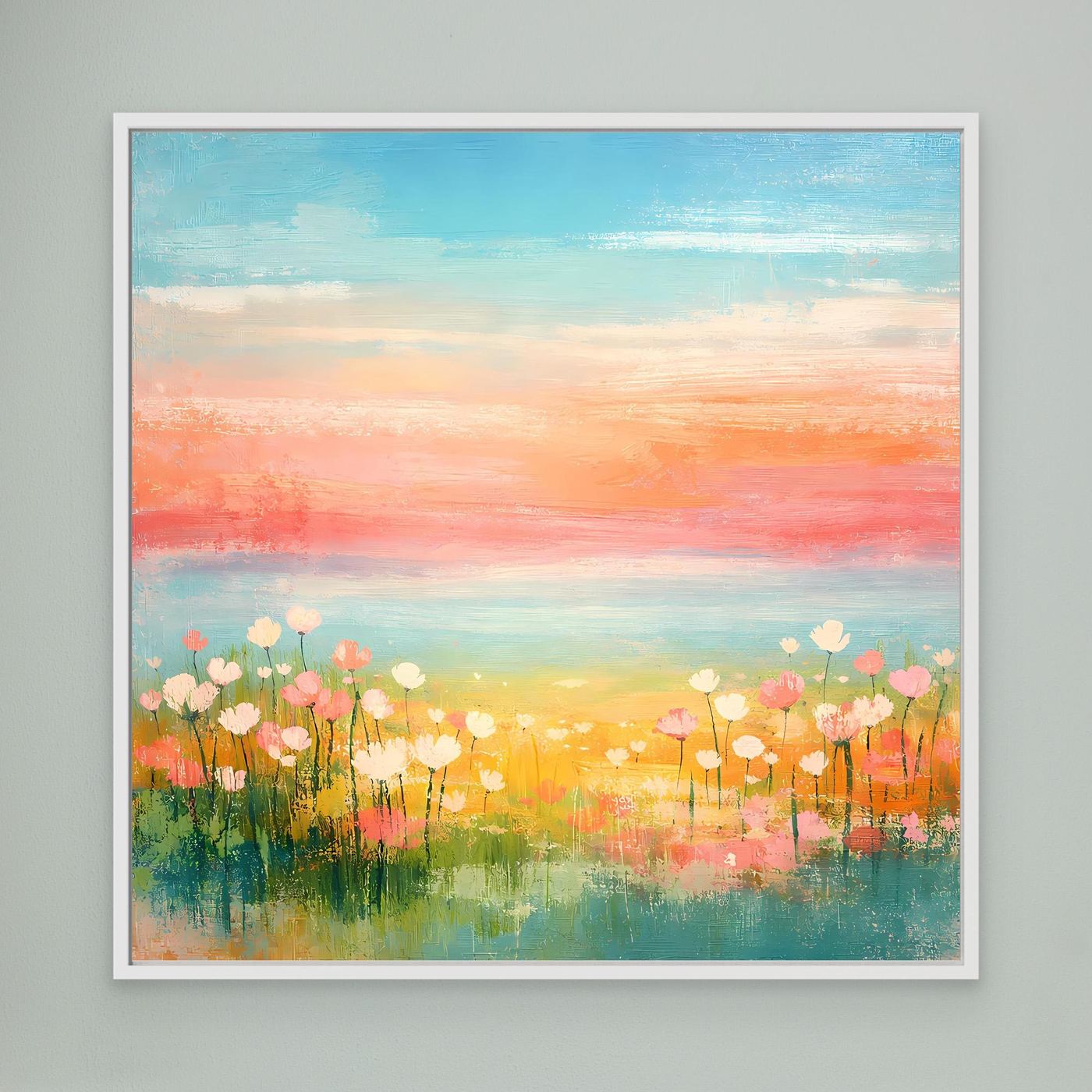 Leinwand-Wandbild: abstrakte Blumenwiese am Meer, Pastellhimmel, weiß gerahmt