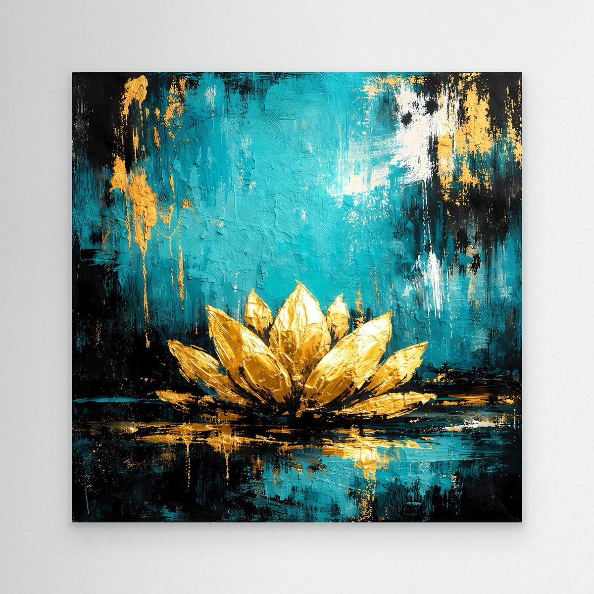 Abstraktes Leinwand-Wandbild: goldene Lotusblüte auf Türkis, ohne sichtbaren Rahmen.