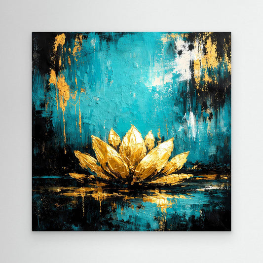 Abstraktes Leinwand-Wandbild: goldene Lotusblüte auf Türkis, ohne sichtbaren Rahmen.