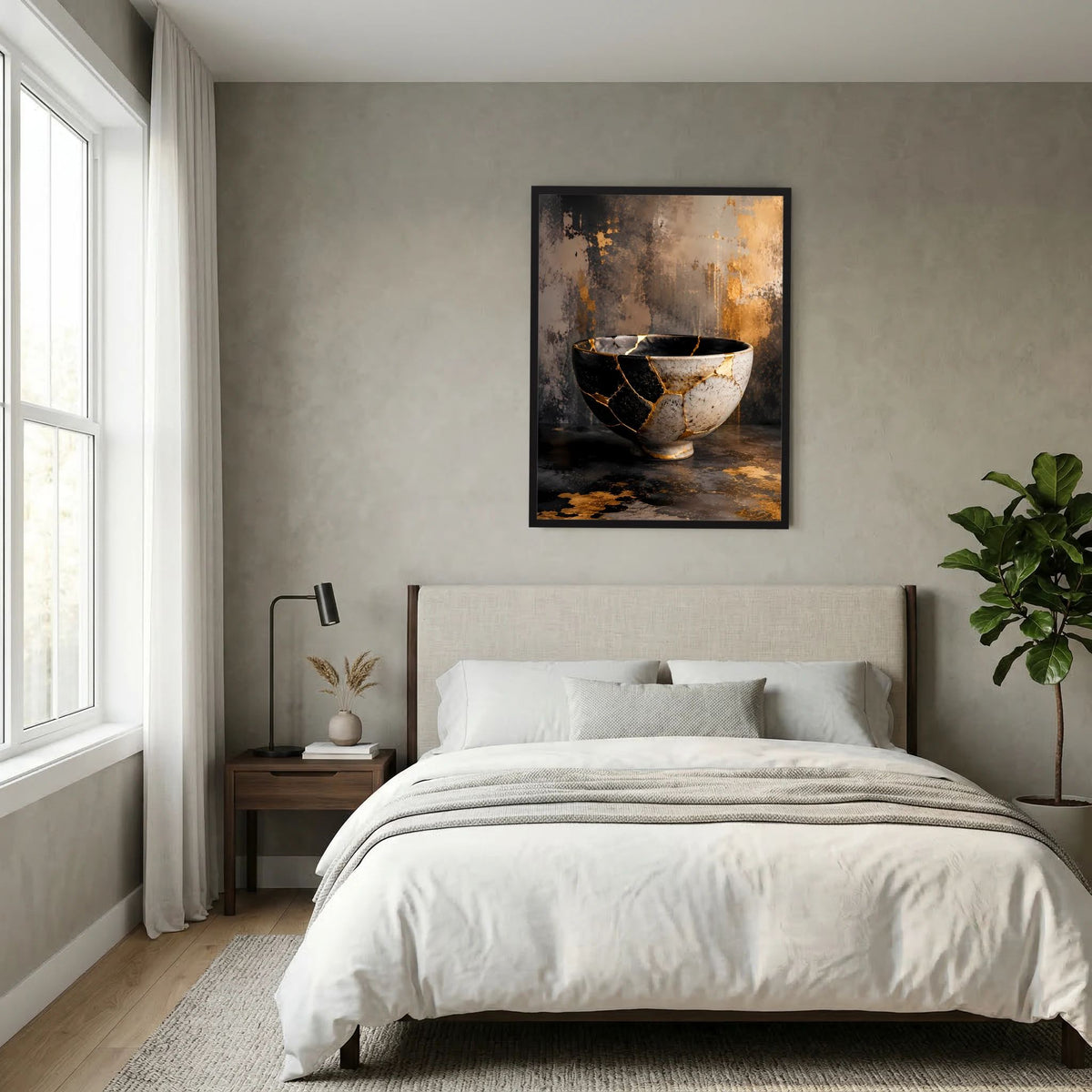 Gerahmtes Poster mit Kintsugi-Schale: schwarz-weiße Schale mit goldenen Reparaturlinien