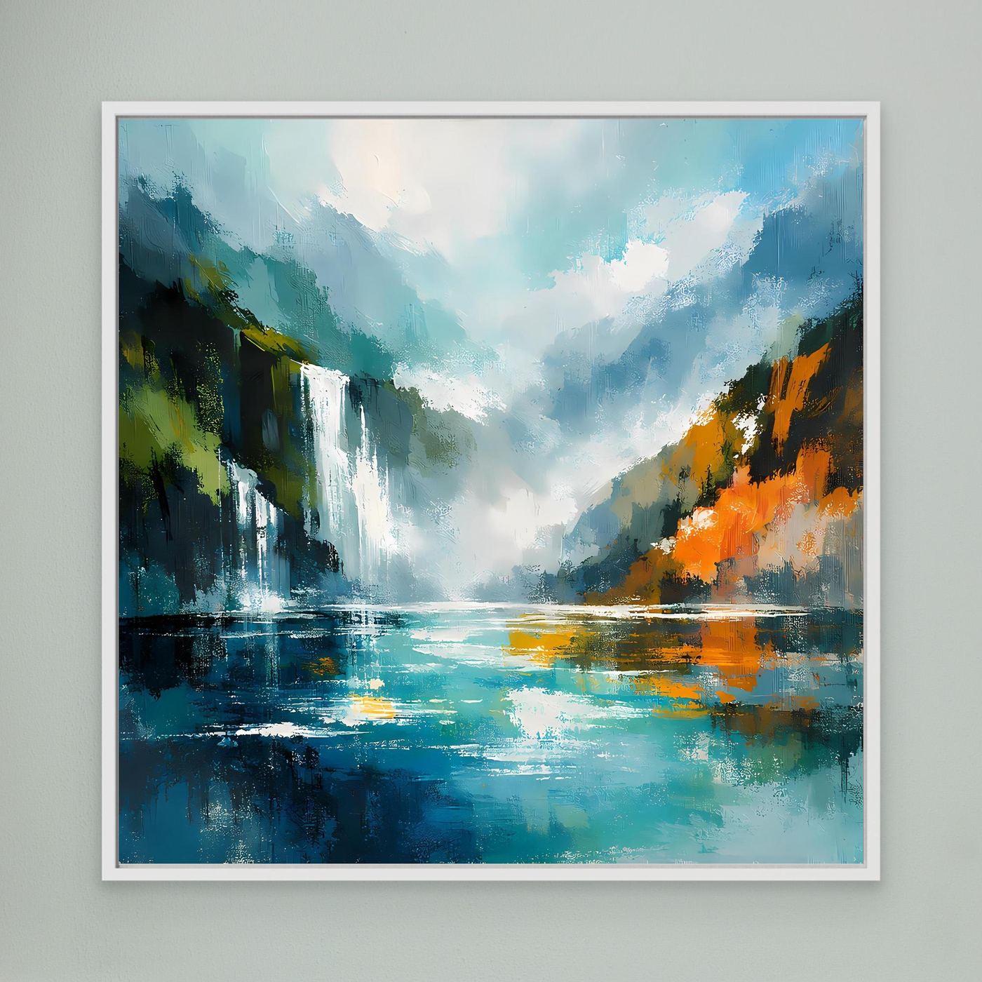 Gerahmtes abstraktes Wasserfall-Gemälde: blaues Fjord mit See und orangefarbenem Ufer.