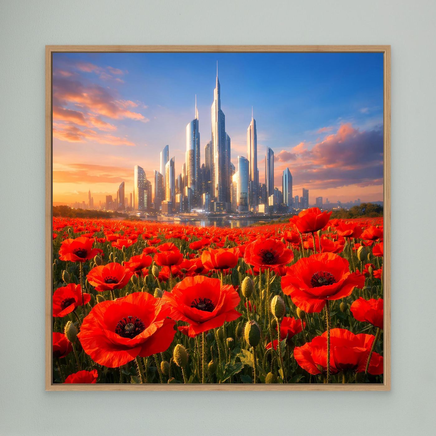 Leinwandbild mit roten Mohnblumen und futuristischer Skyline im Eichenholzrahmen