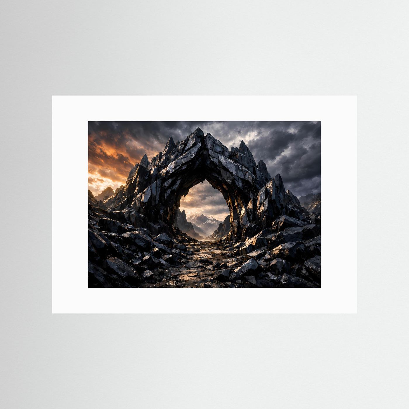 Fantasy-Poster mit Felsbogen aus dunklem Gestein und weißem Passepartout