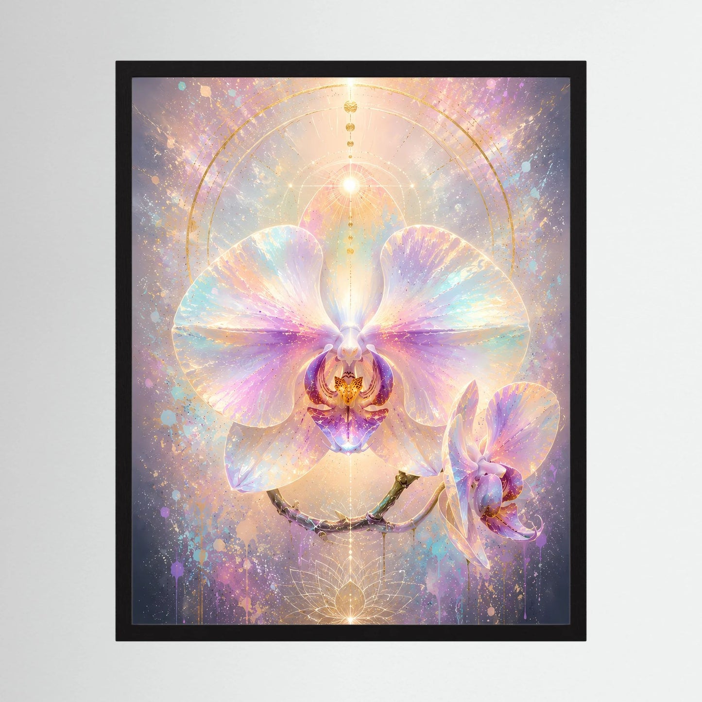 Orchideenposter mit abstrakter Orchideenblüte in Pastellrosa, Lila, Türkis und goldenen Akzenten, schwarz gerahmt