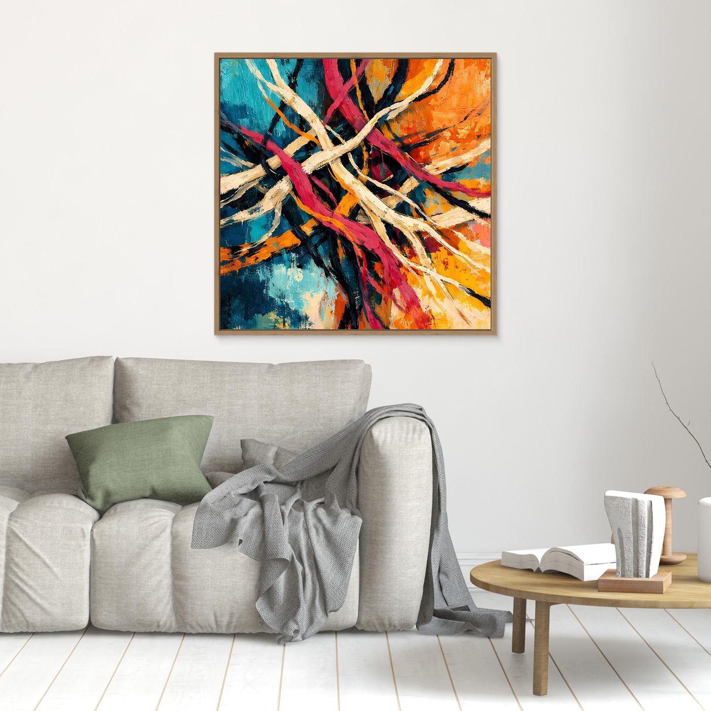 Abstraktes Leinwand-Wandbild mit Liniengeflecht, Blau-Pink-Orange, in braunem Rahmen