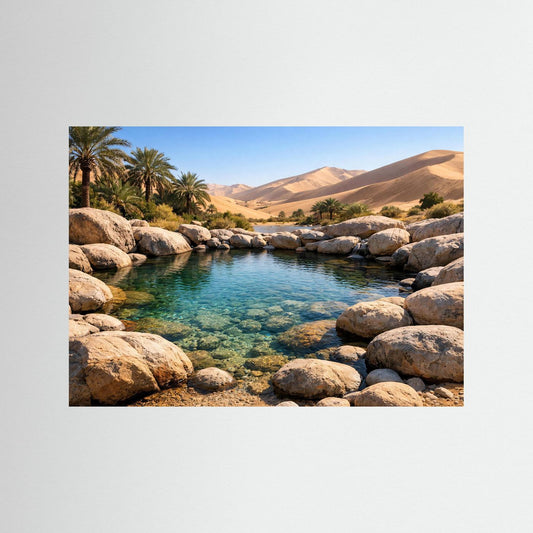 Poster mit Sahara-Oase: grünes Wasser, Felsen und Palmen am Fluss