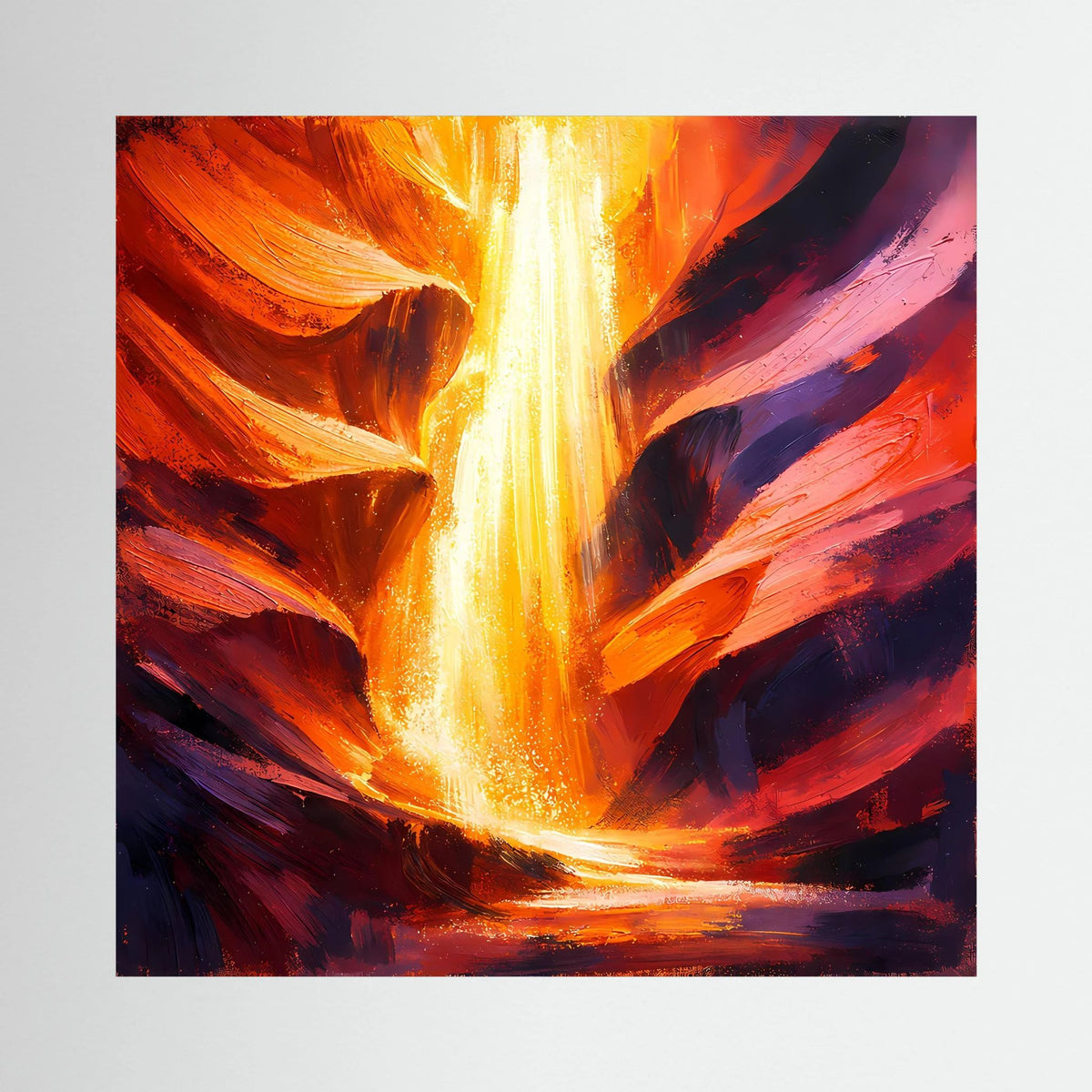 Leinwand-Wandbild: abstrakte Felsenschlucht mit Lichtstrahl, orange, gelb und dunkelblau