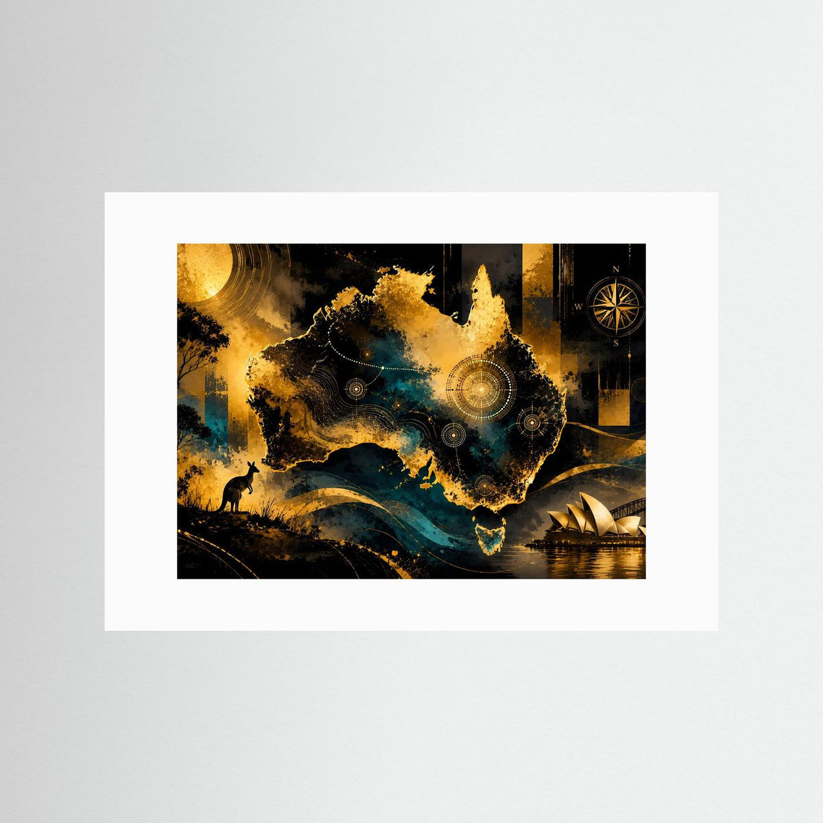 Poster mit Australienkarte in Schwarz, Gold und Blau, Känguru-Silhouette, weißer Rand