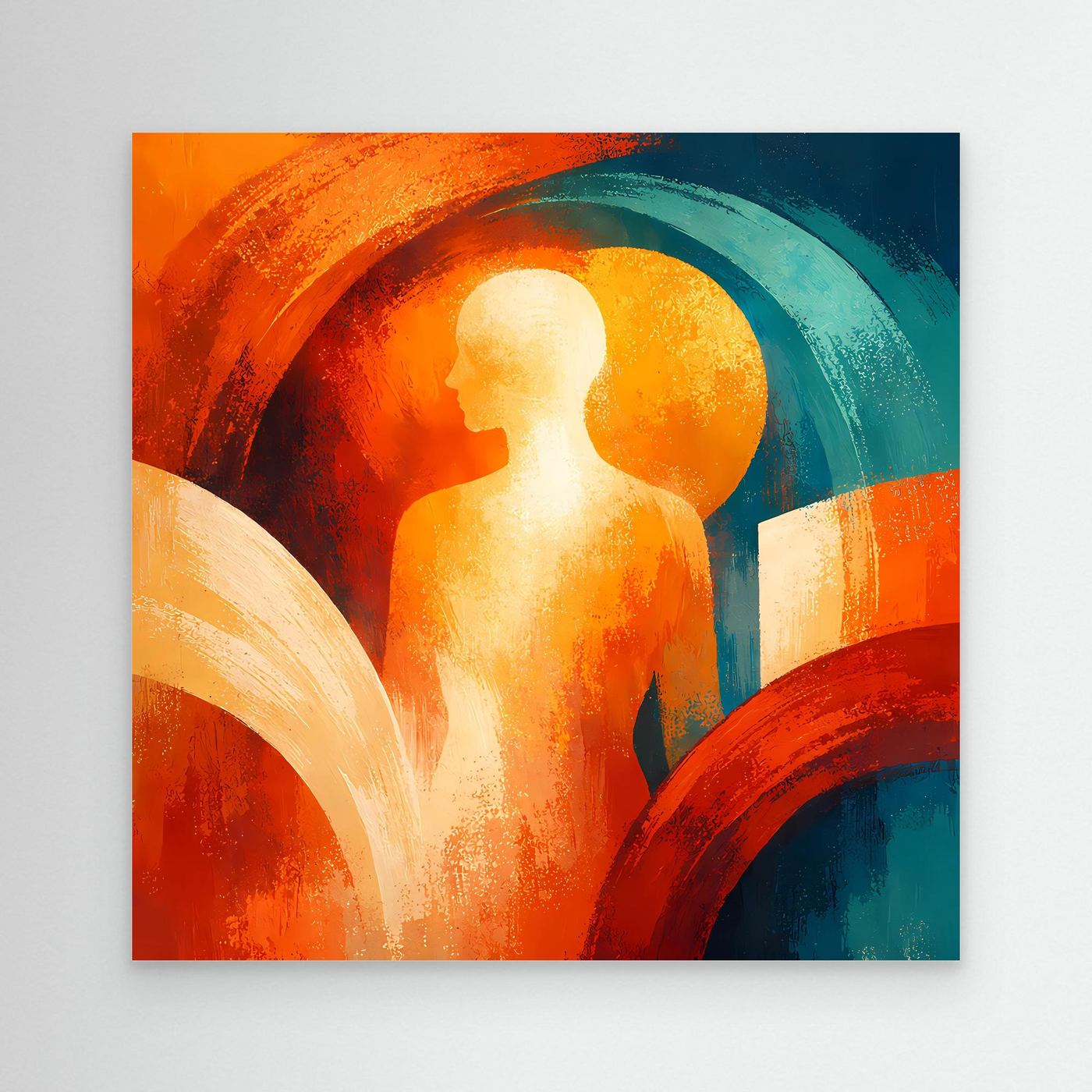 Abstraktes Wandbild auf Leinwand mit stehender Figur und orange-blauem Halbkreis-Motiv