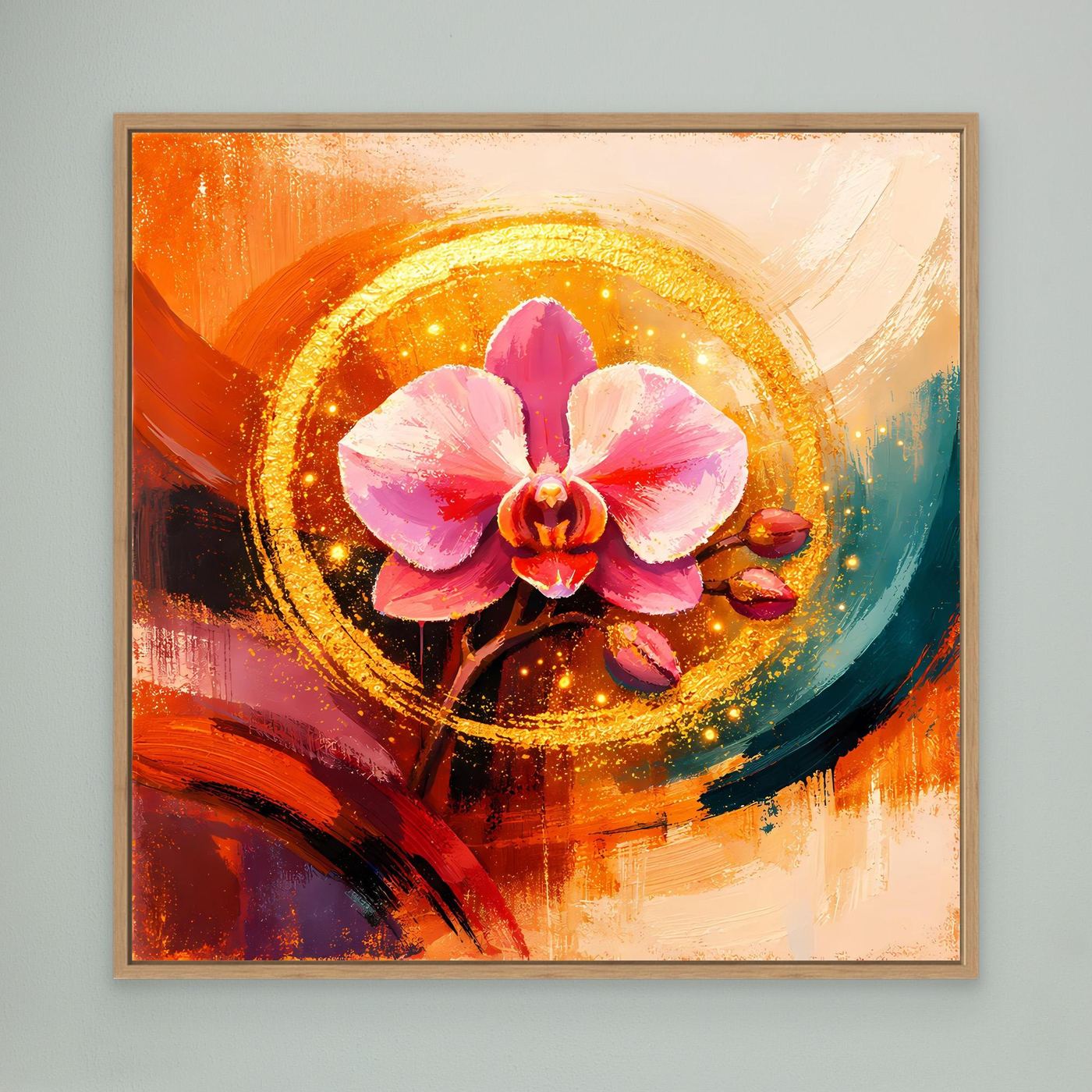 Florales Leinwandbild mit goldener Orchidee im Kreis, Holzrahmen