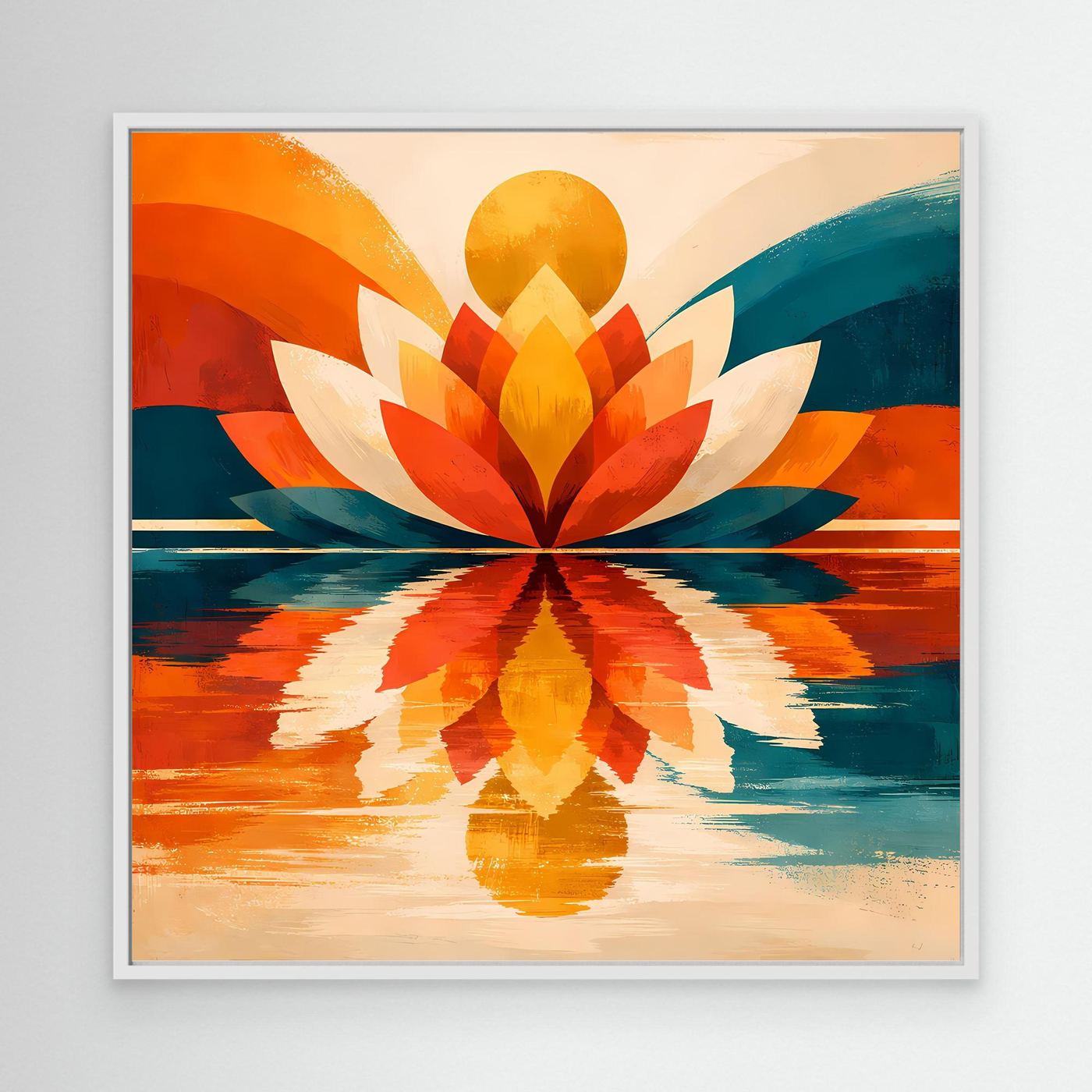 Abstraktes Lotus-Leinwandbild mit weißem Rahmen, symmetrisch, Orange-Türkis