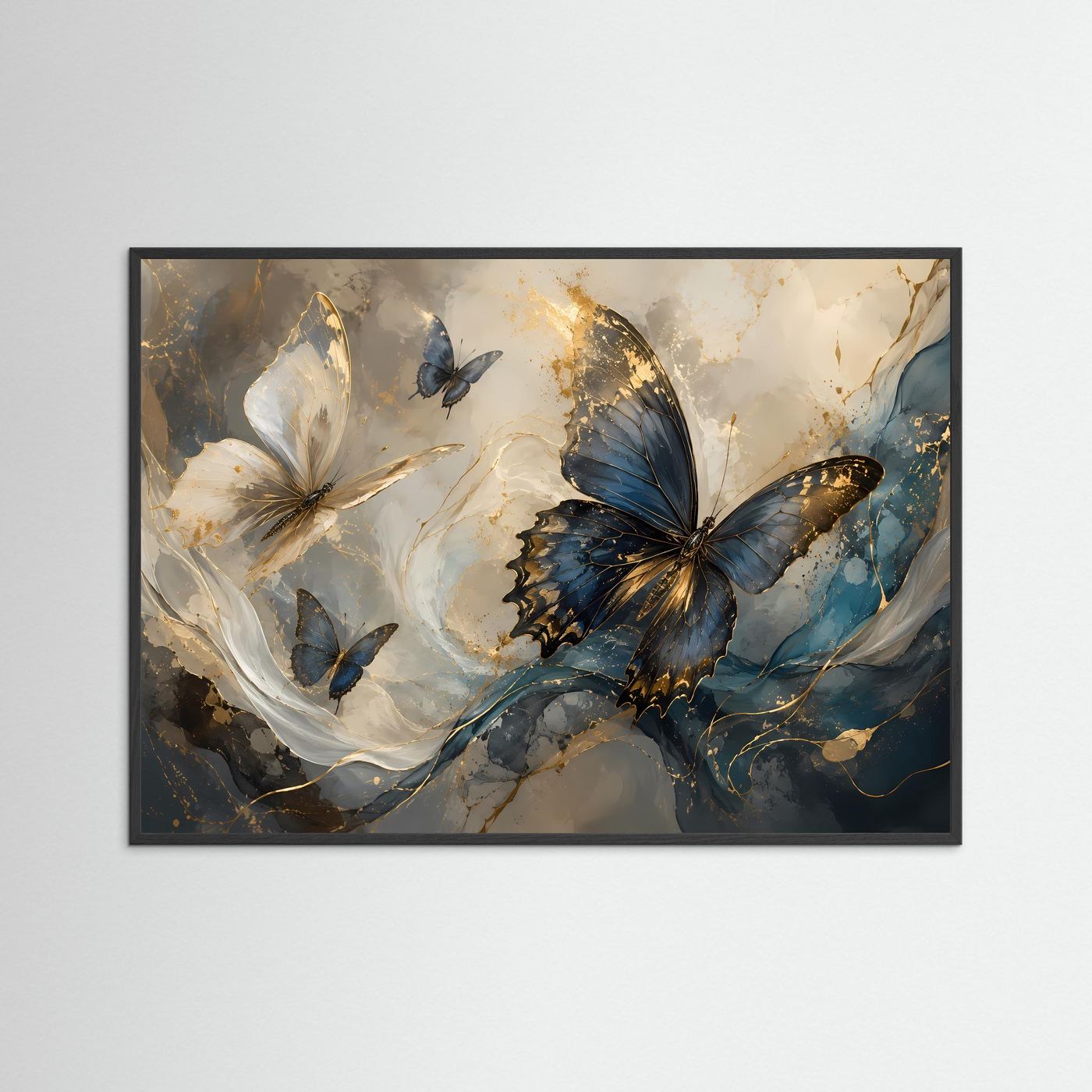 Schmetterlinge Gold Blau Poster | Abstrakte Fine Art Wandkunst | Elegantes Schmetterlingsbild | Luxuriöses Leinwandbild | Moderne Wanddekoration