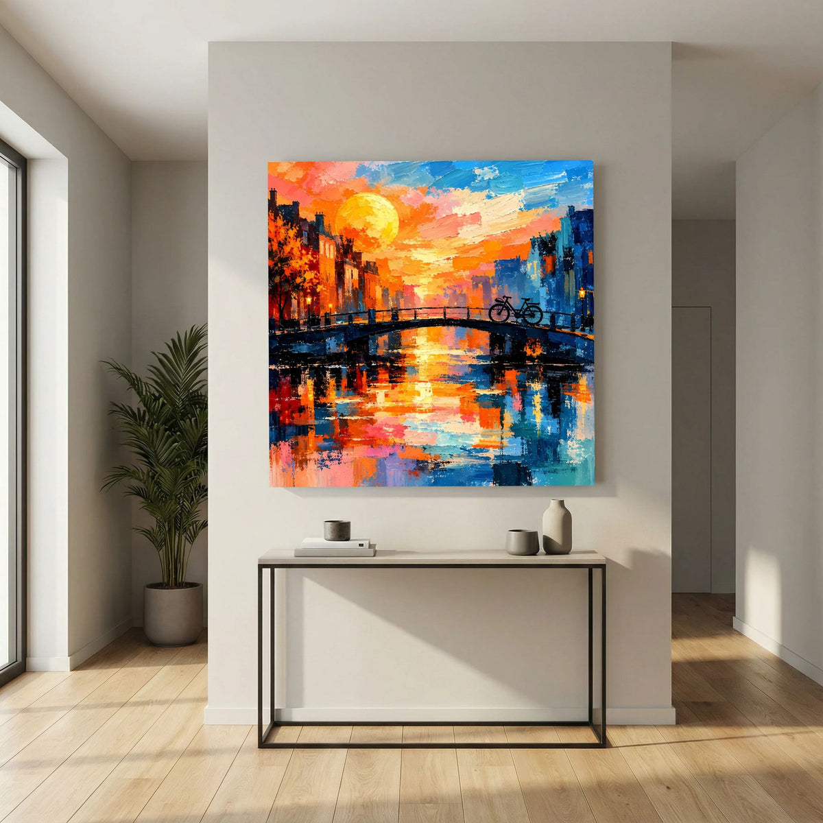 Leinwand Abstraktes Amsterdam Gemälde | Modernes Romantisches Grachten Wandbild mit Fahrrad