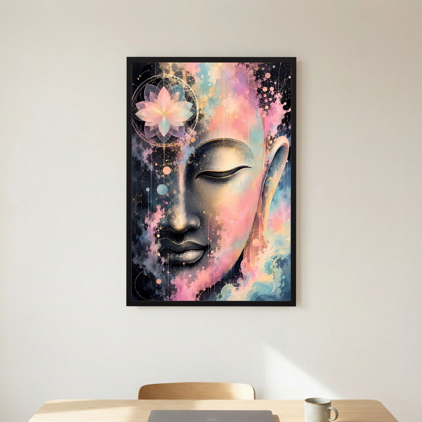Kunstposter mit abstraktem Buddha-Gesicht in Pastellfarben, Gold- und Schwarzdetails im schwarzen Rahmen