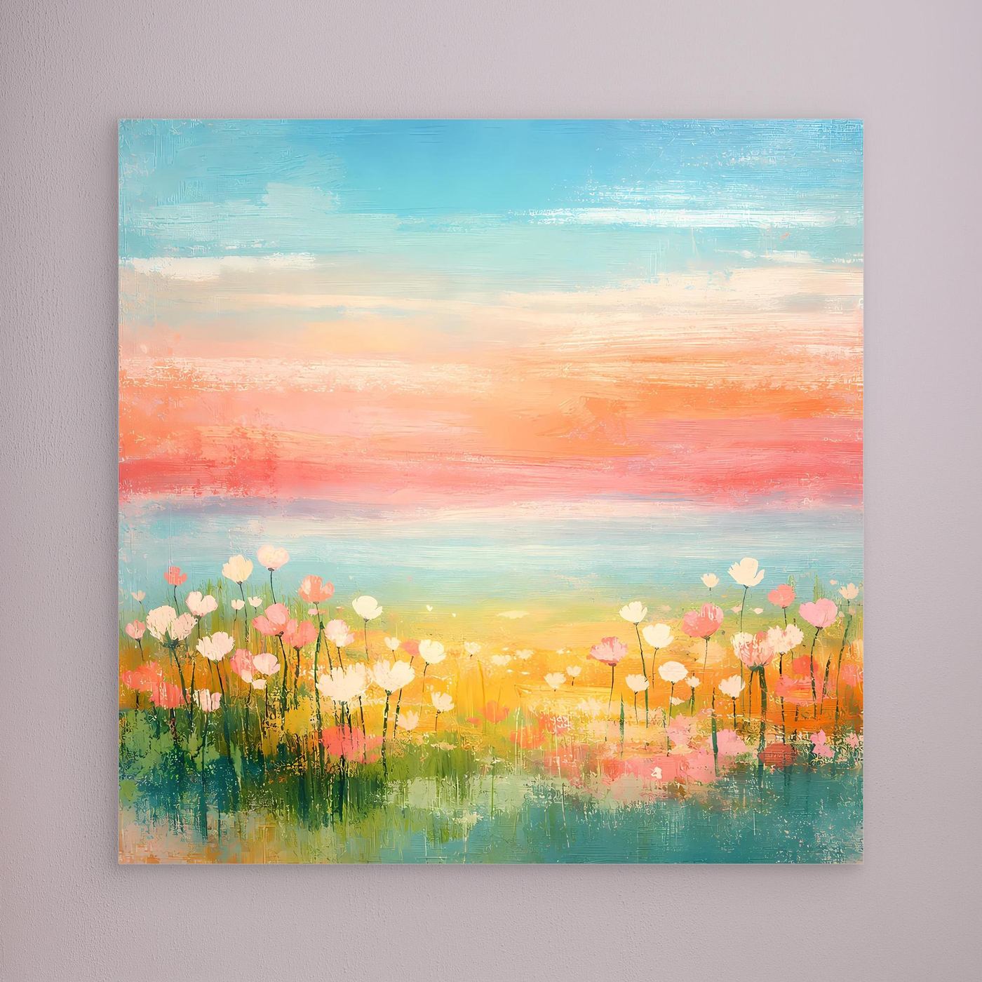 Leinwand-Wandbild: abstrakte Blumenwiese am Meer, Pastellhimmel, ungerahmt