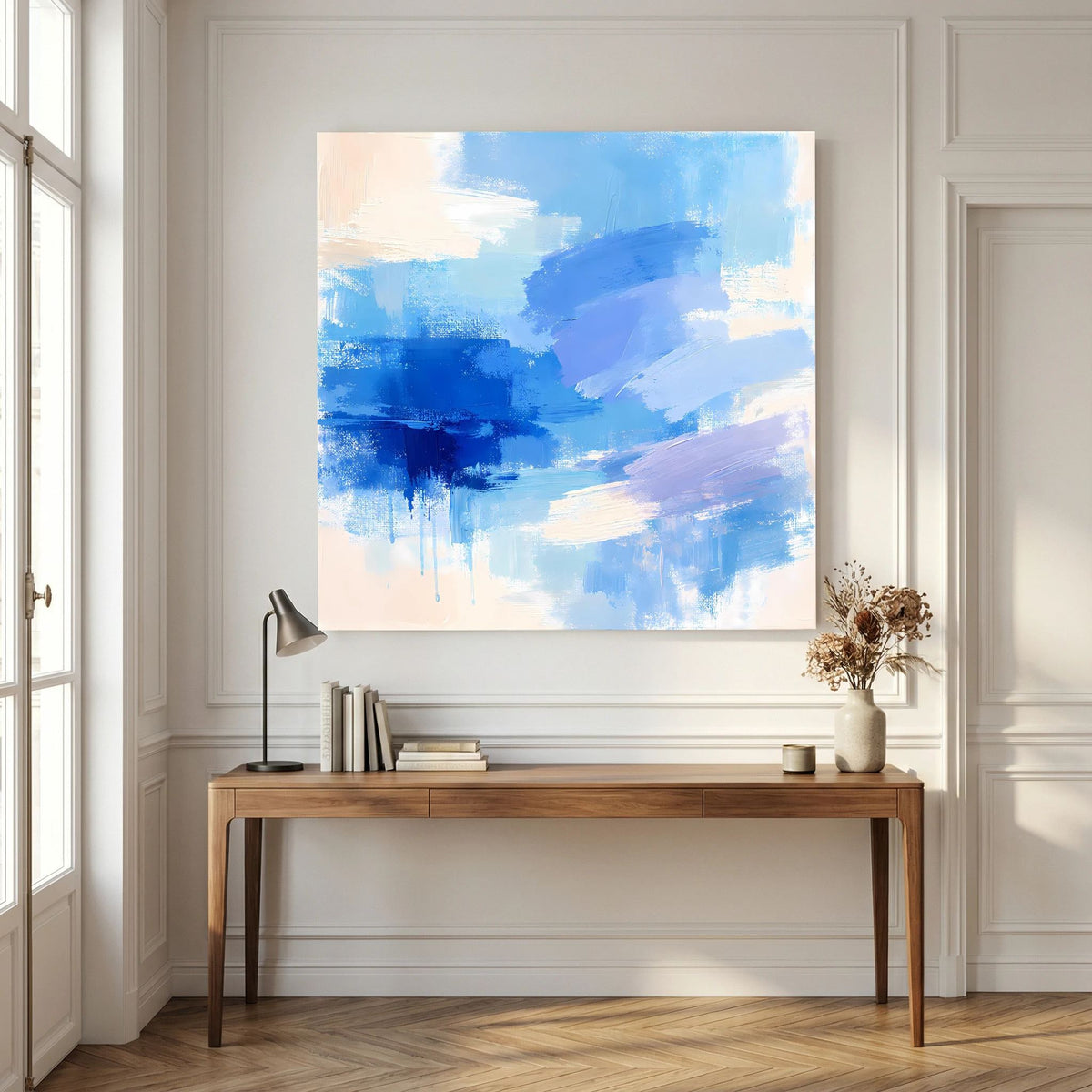 Leinwand Abstrakte Blaue Pinselstriche | Modernes Minimalistisches Wandbild Meer